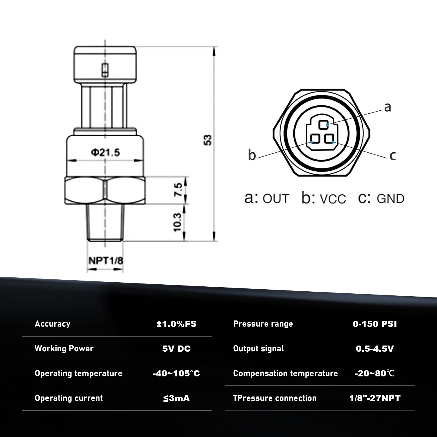 150PSI Stainless Steel Pressure Transmitter + Wiring for Gas Water Air