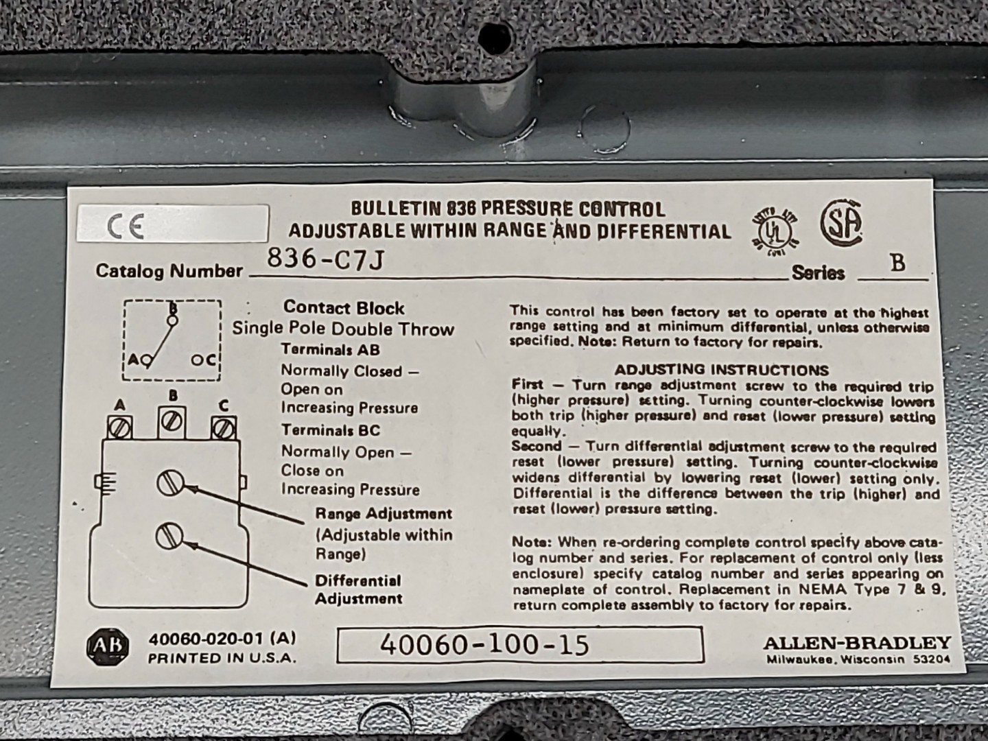 Allen Bradley 836 Differential Pressure Control Switch Sensor Bulletin 836-C7J