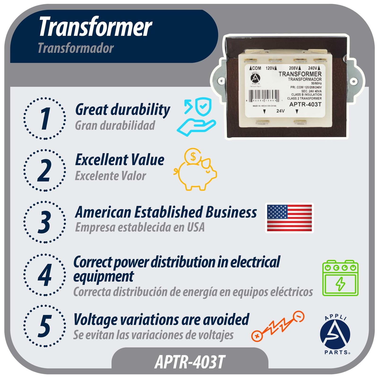 Appli Parts APTR-403T Transformer 120, 208, 240 V to 24 V, 40 Va Foot Mount 1/4