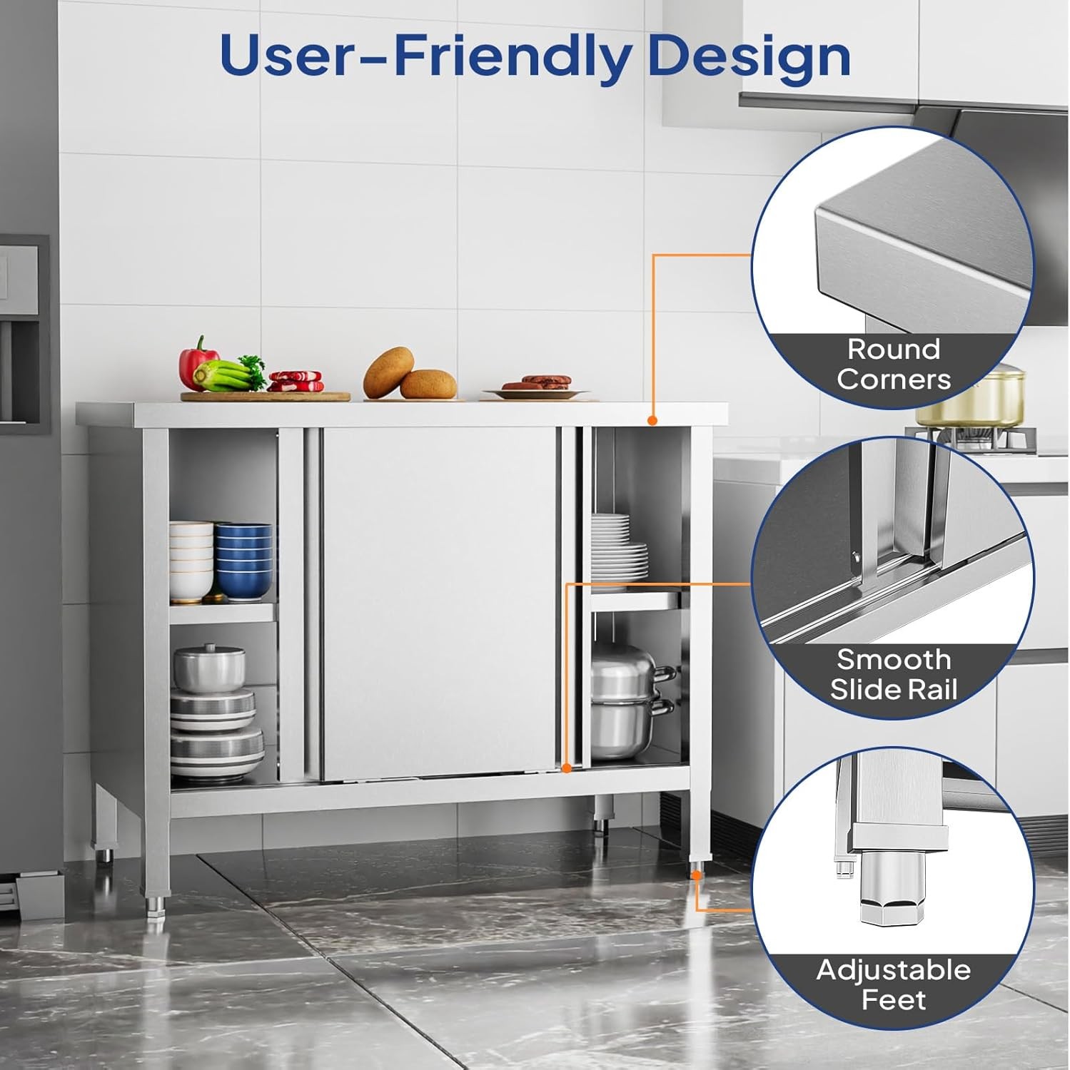 Stainless Steel Prep & Work Table with 2-Tier Cabinet & Sliding Doors for Garage