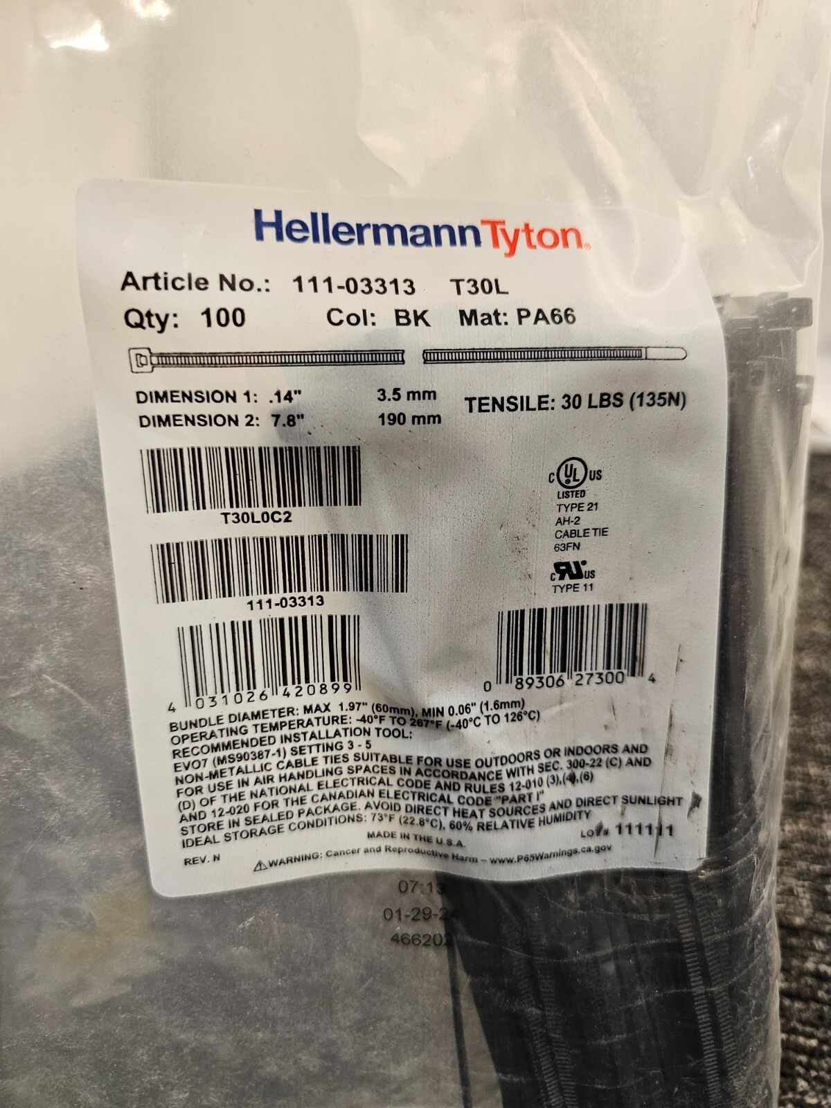 (QTY 1100) HellermannTyton 111-03313 T30L Nylon Cable Tie, Black, 7.5″ 30lb