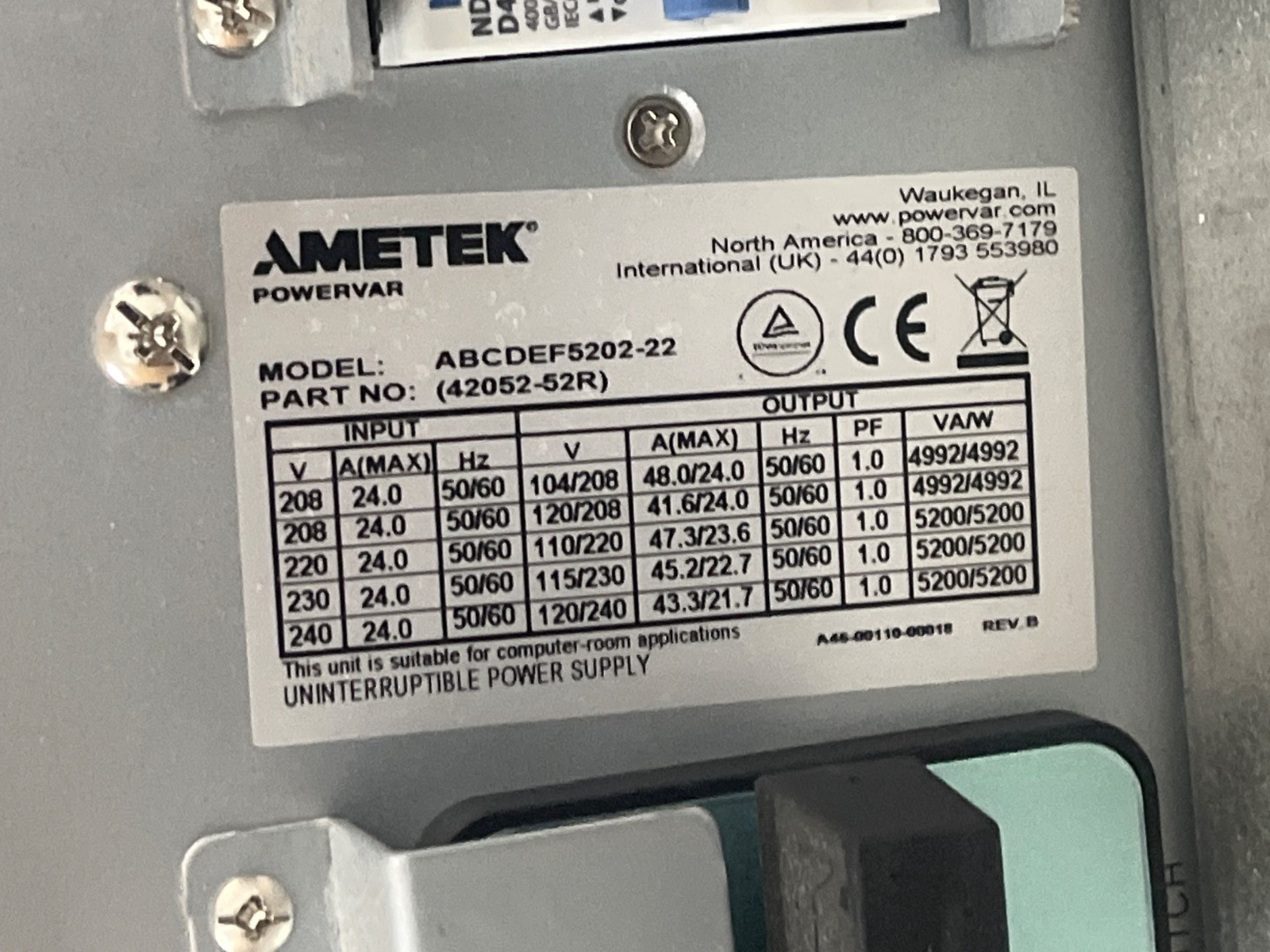 AMETEK Powervar Security Plus II 5.2kVA UPS – ABCDEF5202-22 Backup Power Supply