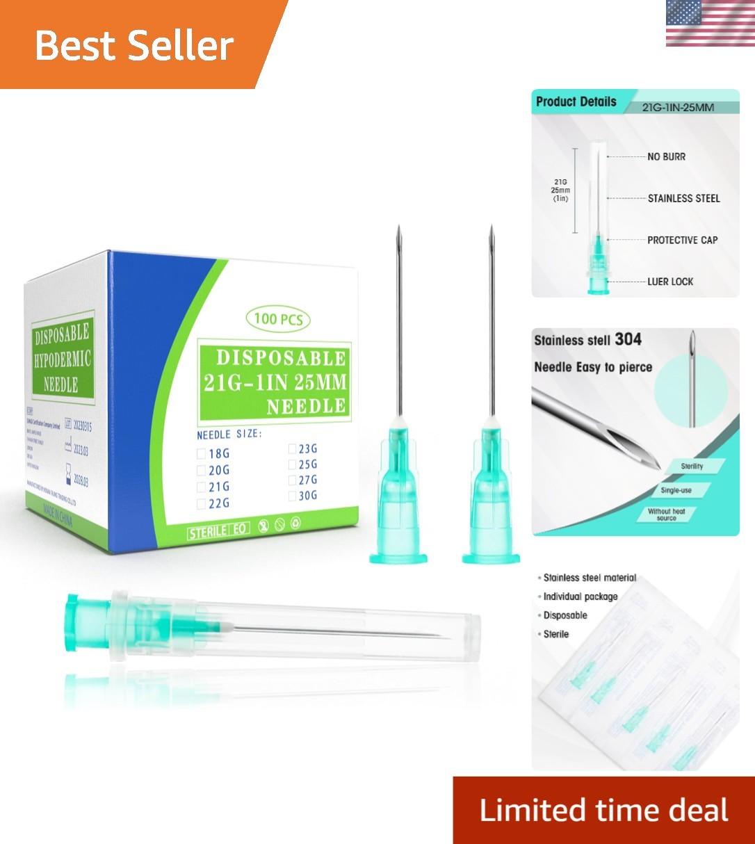 Universal Luer Lock 21G Disposable Needles – 100 Pack for Liquid Dispensing