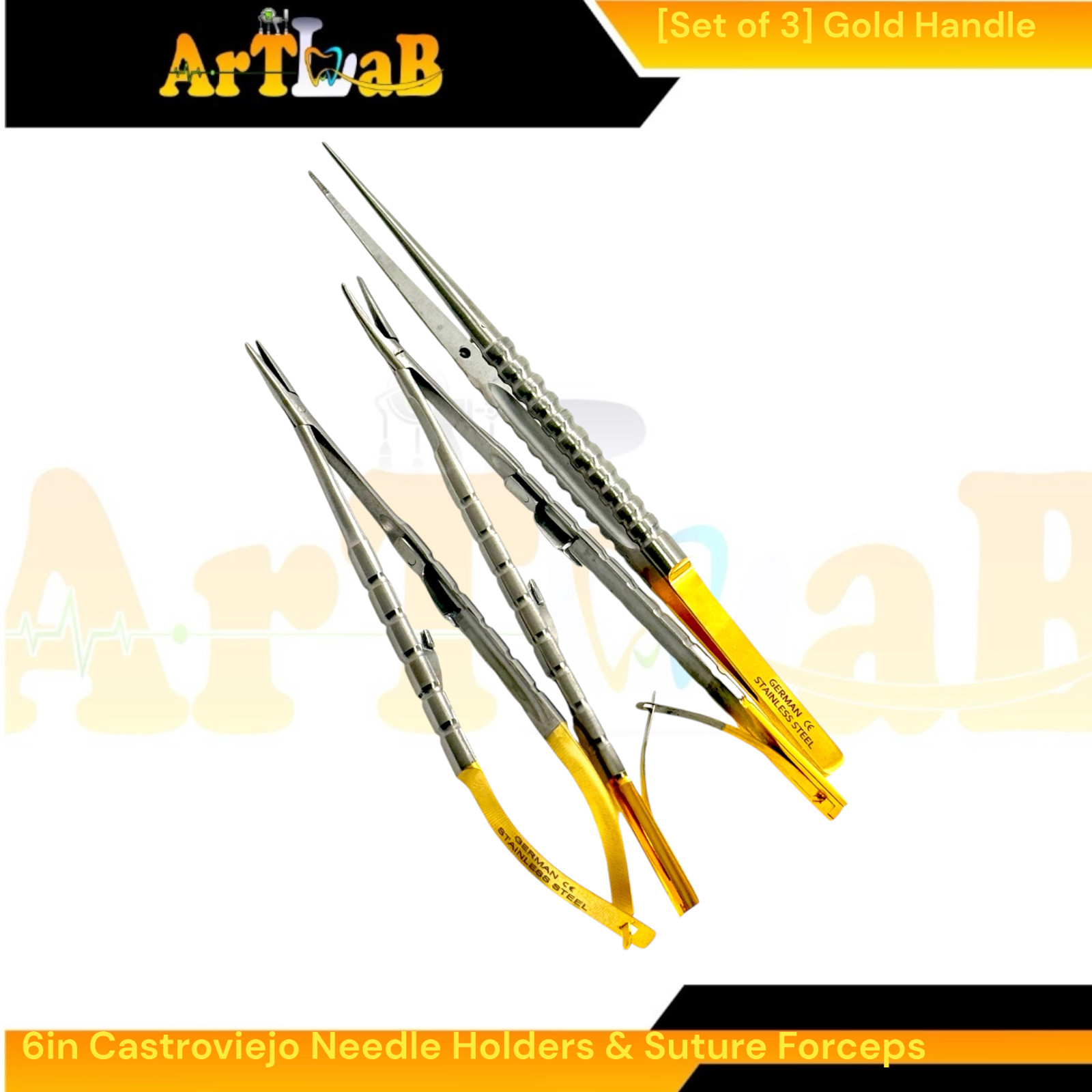 Set of 3 Castroviejo Needle Drivers Cur & Str + Suture Tying Forceps w/Guide Pin