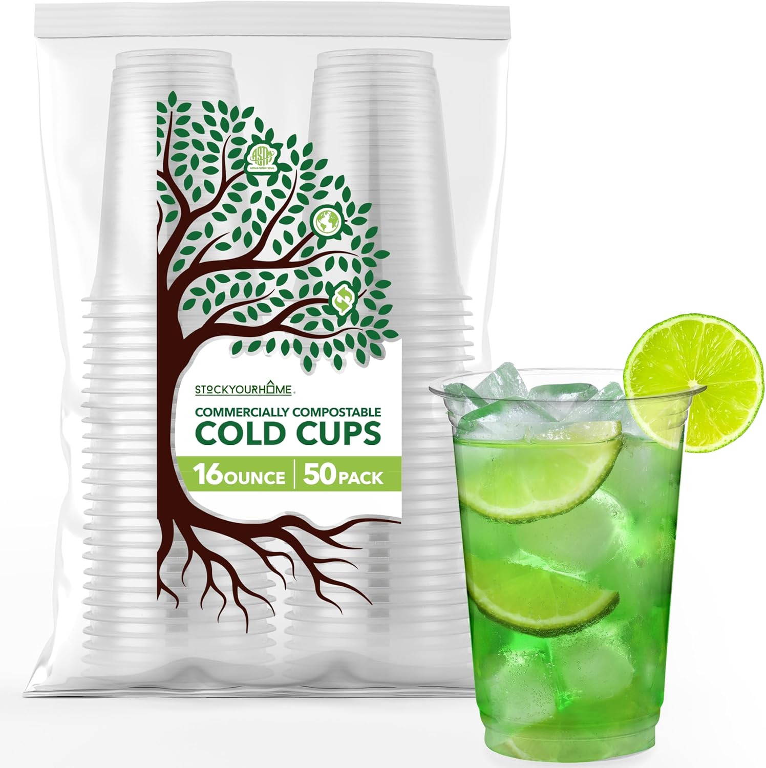 16 Oz Clear Commercially Compostable Cold Cups (50 Pack), Eco Party Cup, Environ
