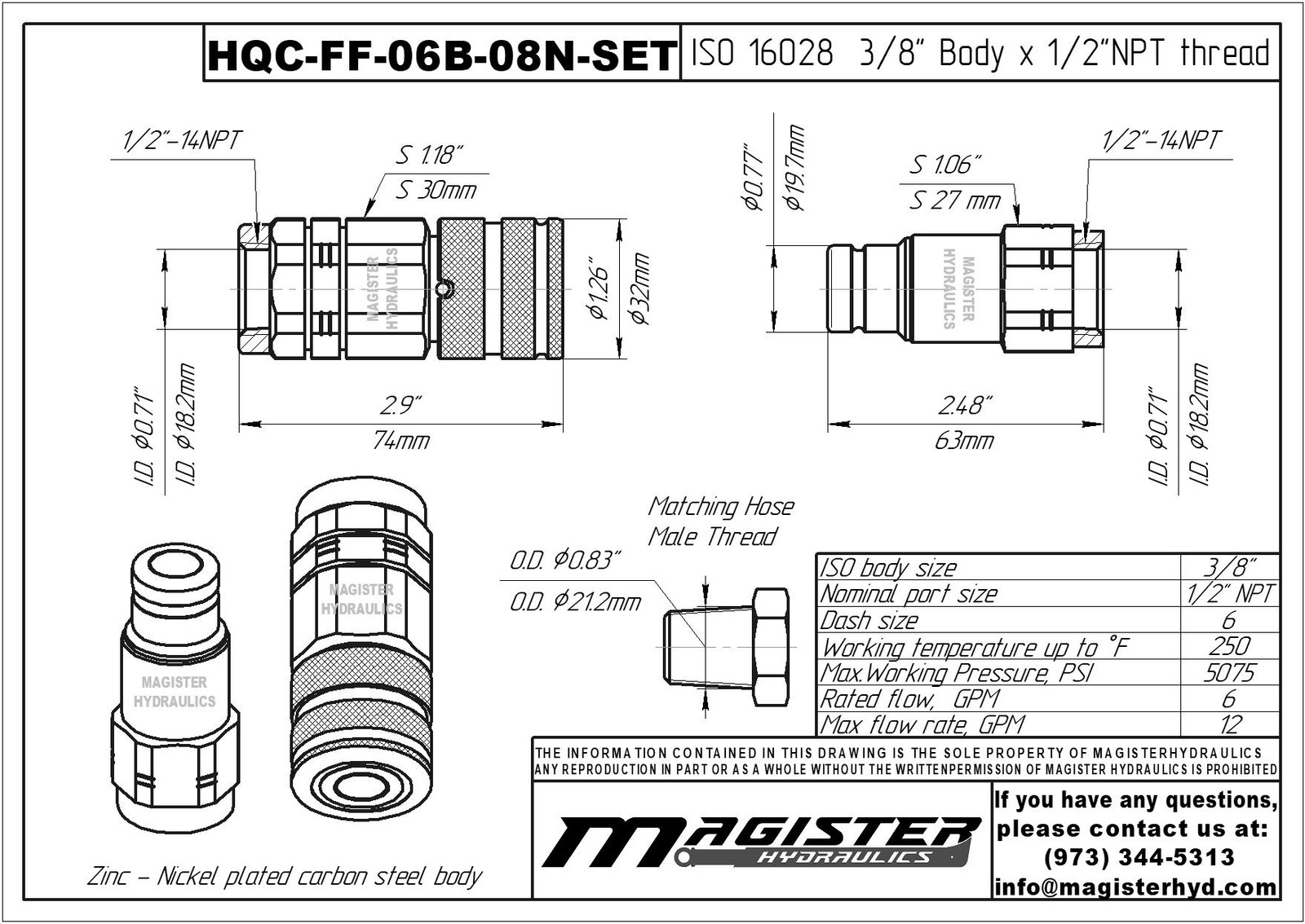 3/8″ Flat Face Hydraulic Quick Couplers Set – 1/2″ NPT Thread