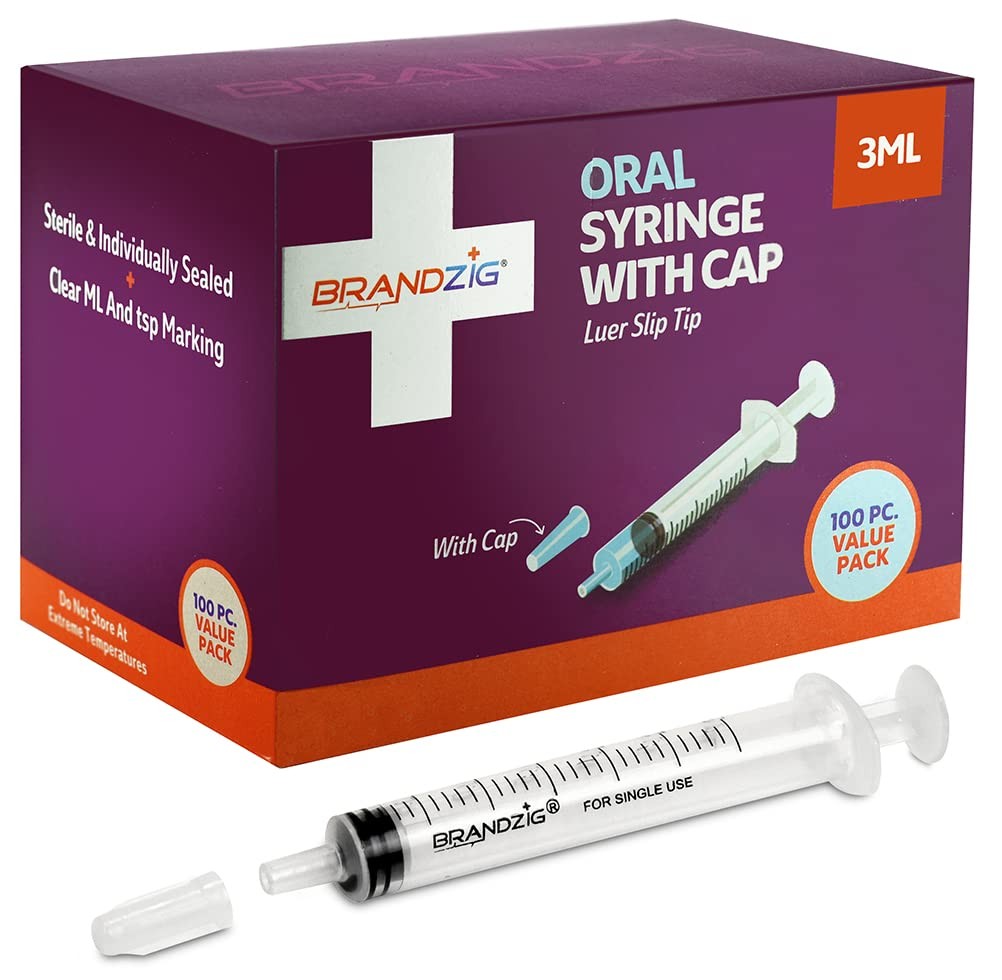 3ml Syringe With Cap 100 Pack | Oral Dispenser Without Needle, Luer Slip Tip |