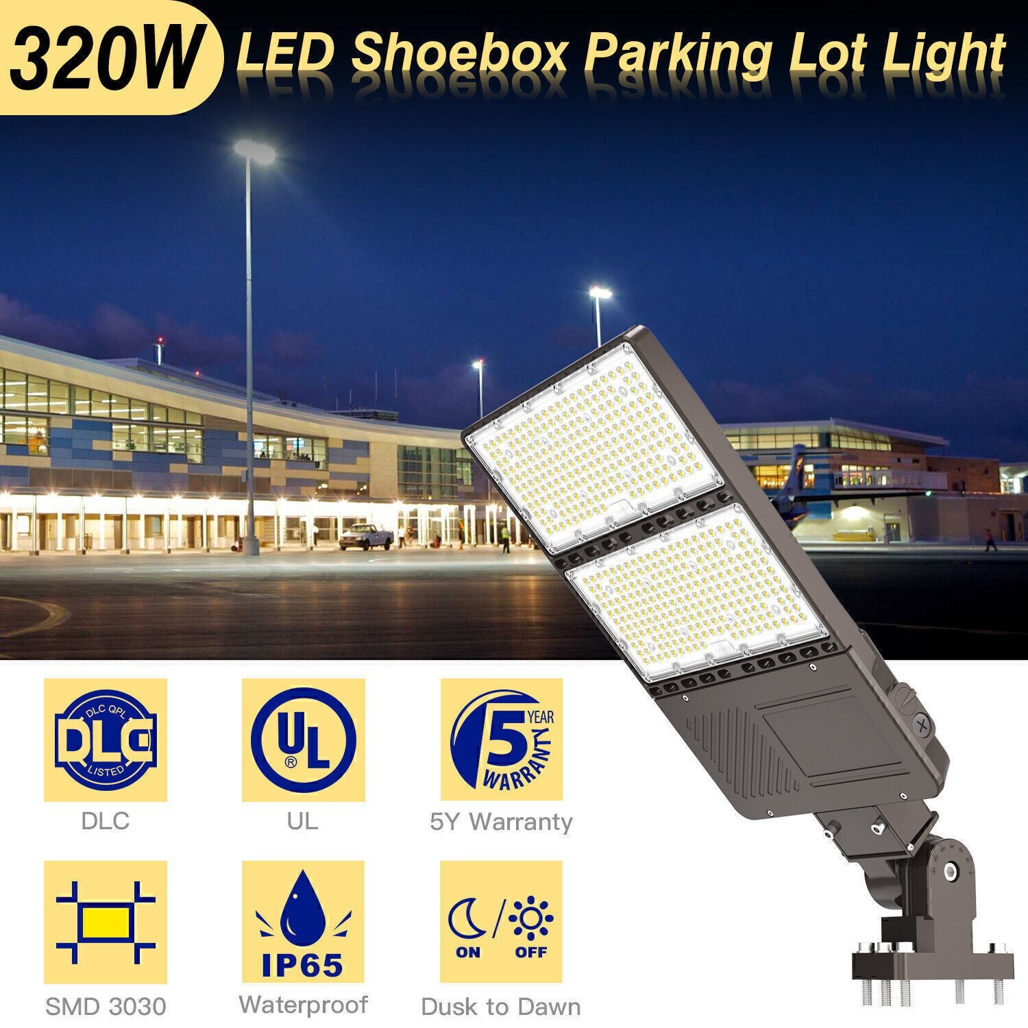 320W LED Parking Lot Pole Light Commercial Shoebox Street Fixtures Dusk to Dawn