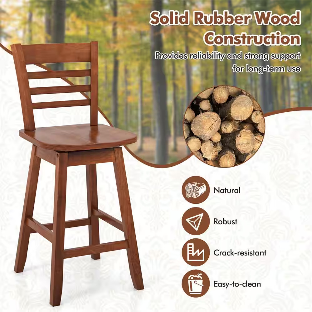 24.5 In. Brown Wood Swivel Bar Stools with Hollow Backrest (Set of 2)