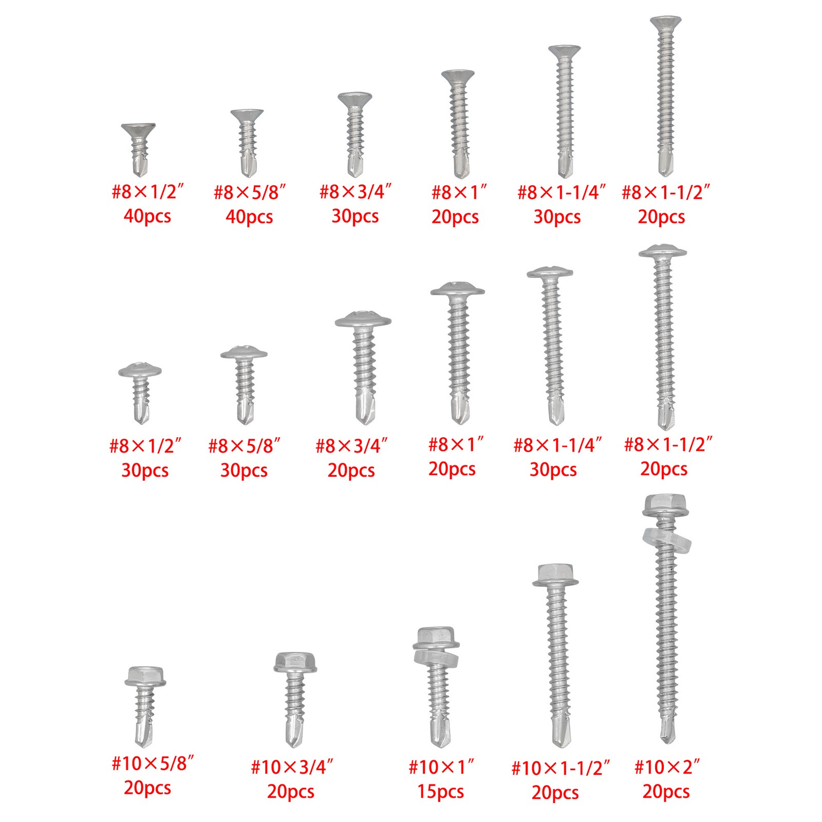 425PC 410 Stainless Steel Self-Tapping Screws #8#10 Self-Drilling Assortment Kit