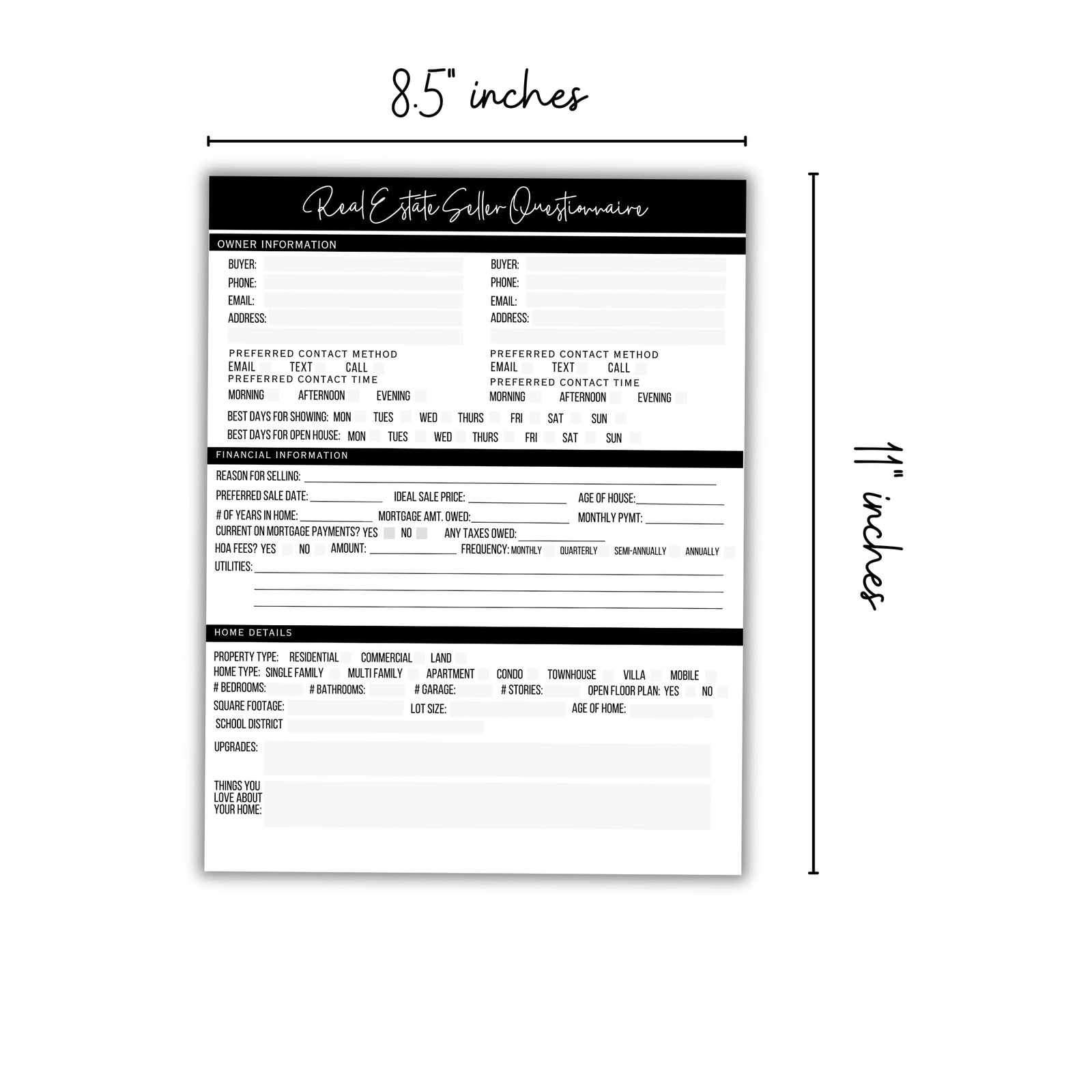 Real Estate Buyer Seller Questionnaire Agent Forms Open House 50 Pack
