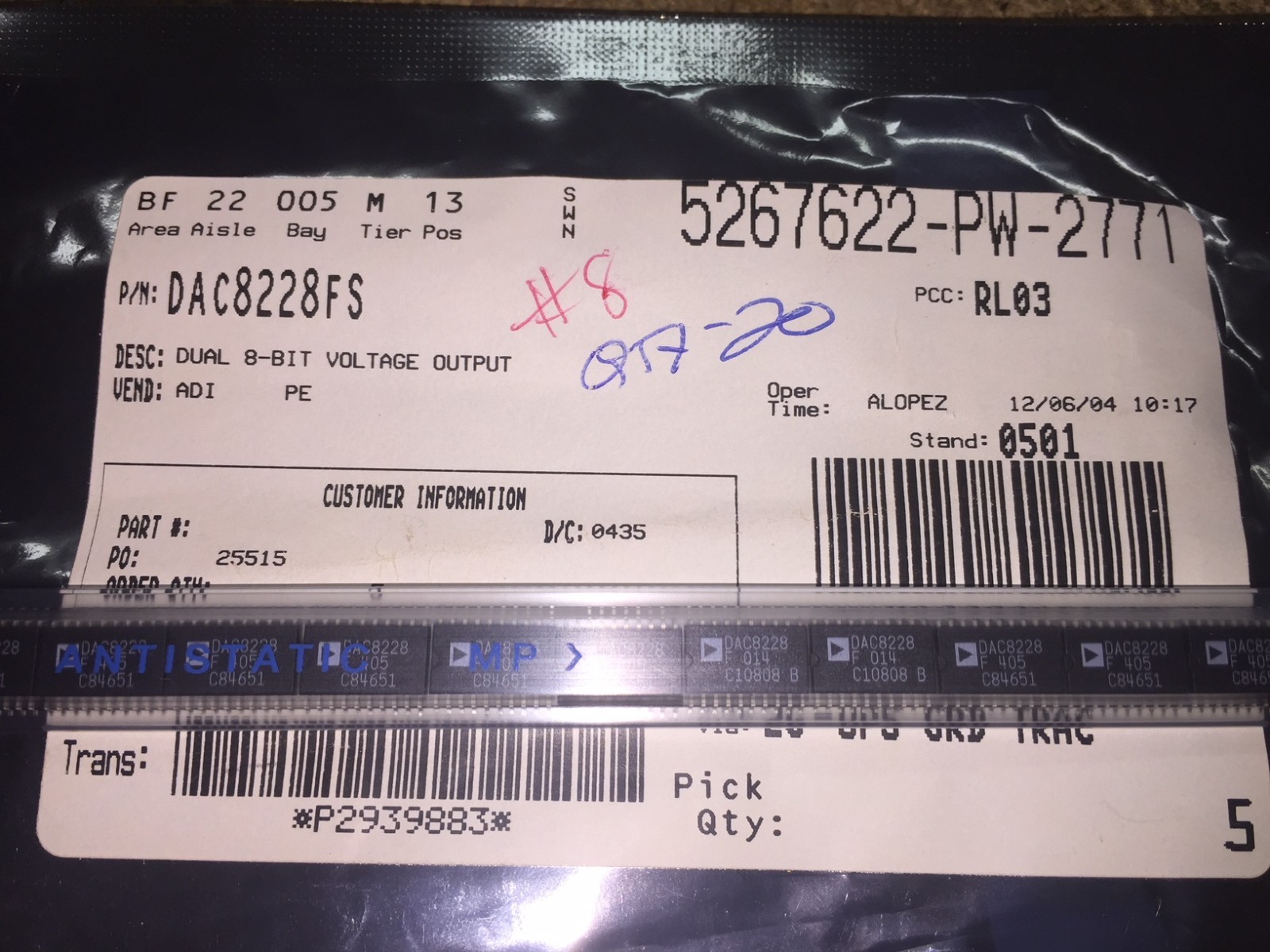 (3 PIECE LOT) DAC8228FS, ANALOG DEVICES, IC DAC 8BIT DUAL V-OUT 20SOIC