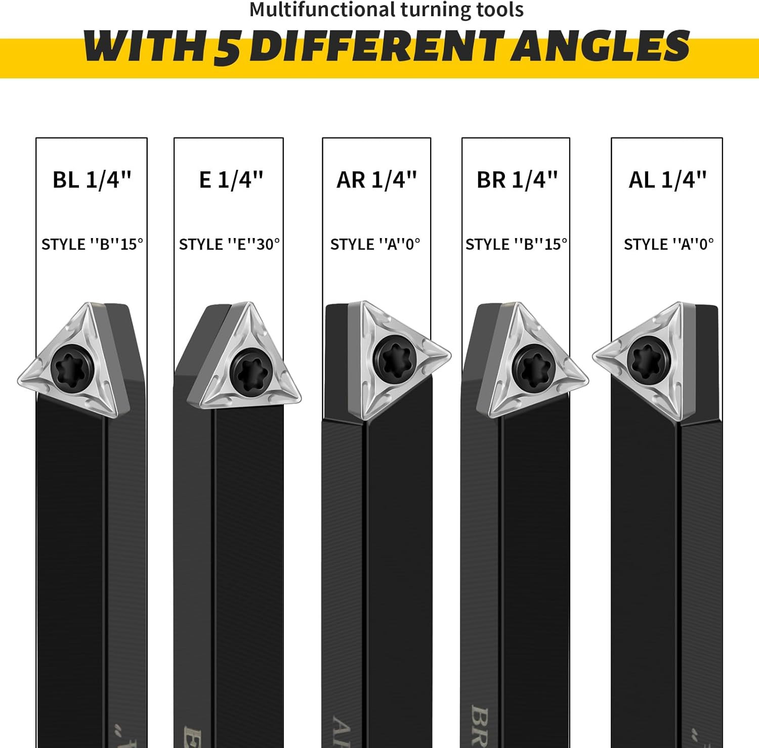 Metal Lathe Cutting Tools,5 Sets of 1/4 Carbide Metal Cutting Tool Bits Kit，Inde