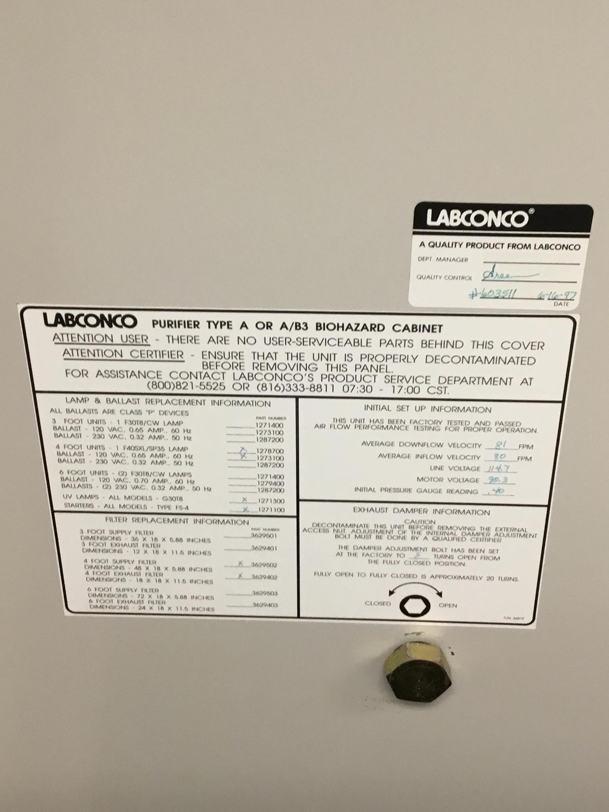 Labconco 36208 Biohazard Purifier Cabinet Class II Type A/A-B3 WORKING