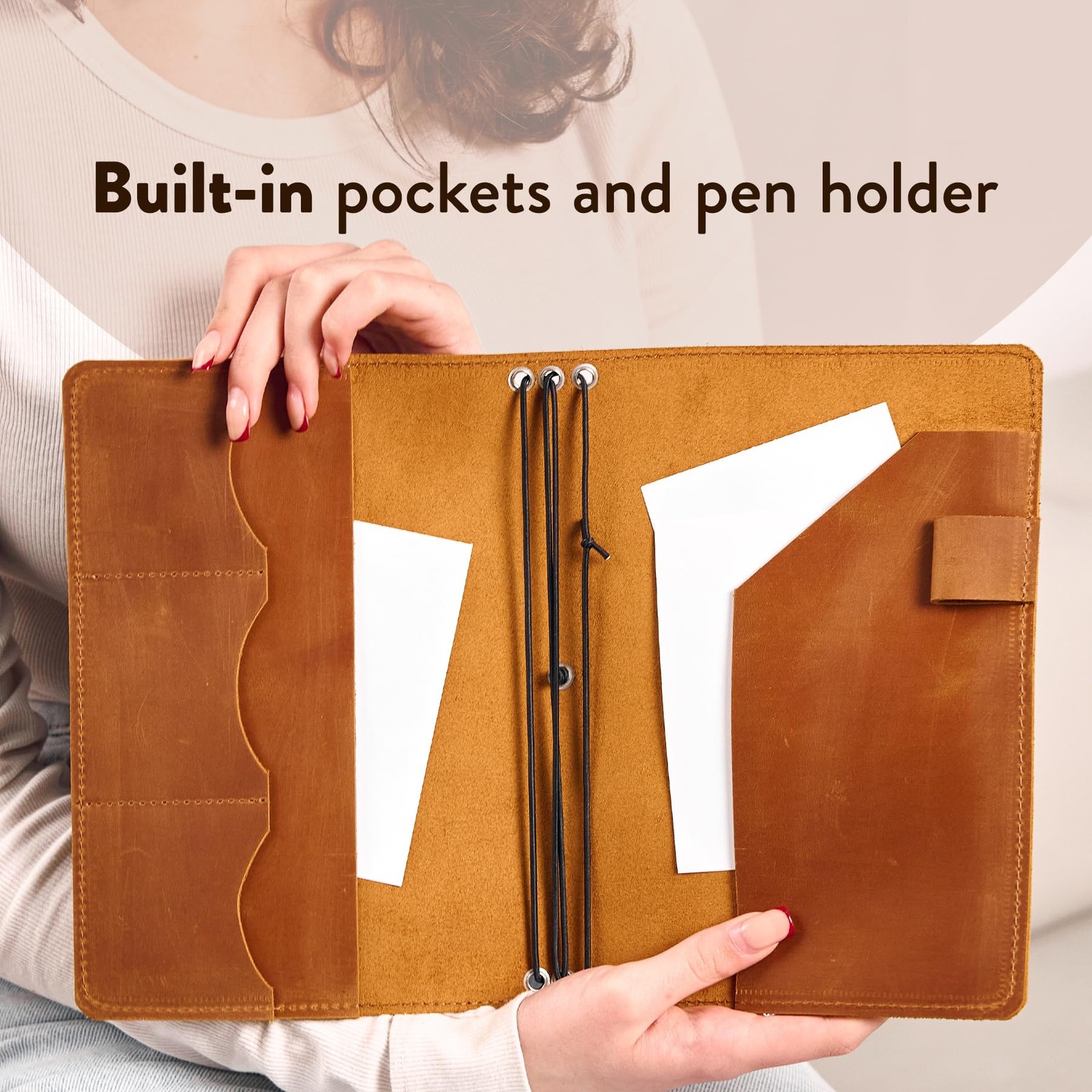 Genuine Leather Journal Cover A5 – Refillable Notebook Organizer with 3 Elast…