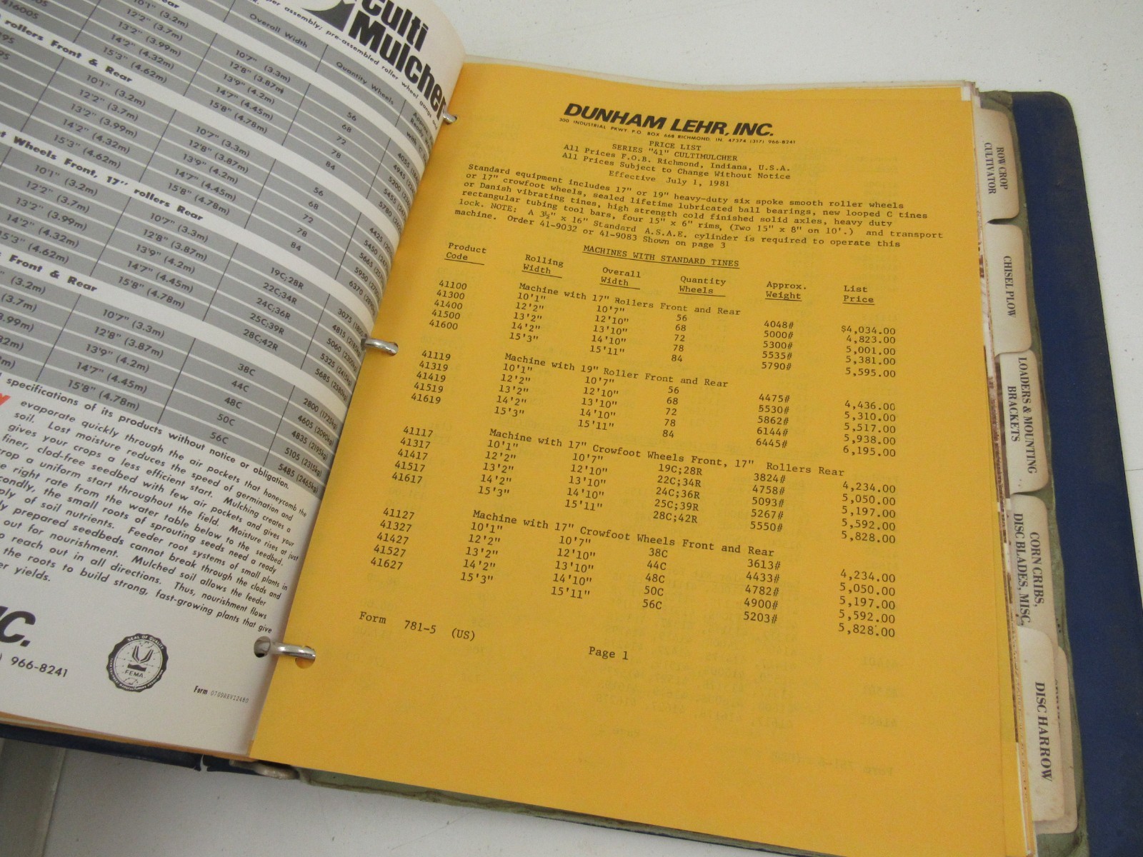 Dunham Lehr Richmond, IN Tillage Literature Price Lists 1981 Cultimulcher etc