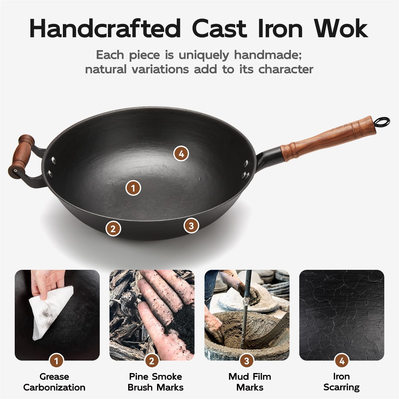 Wangyuanji Cast Iron Wok Pan Lid 14.2 Inch Flat Bottom Uncoated Stir Fry