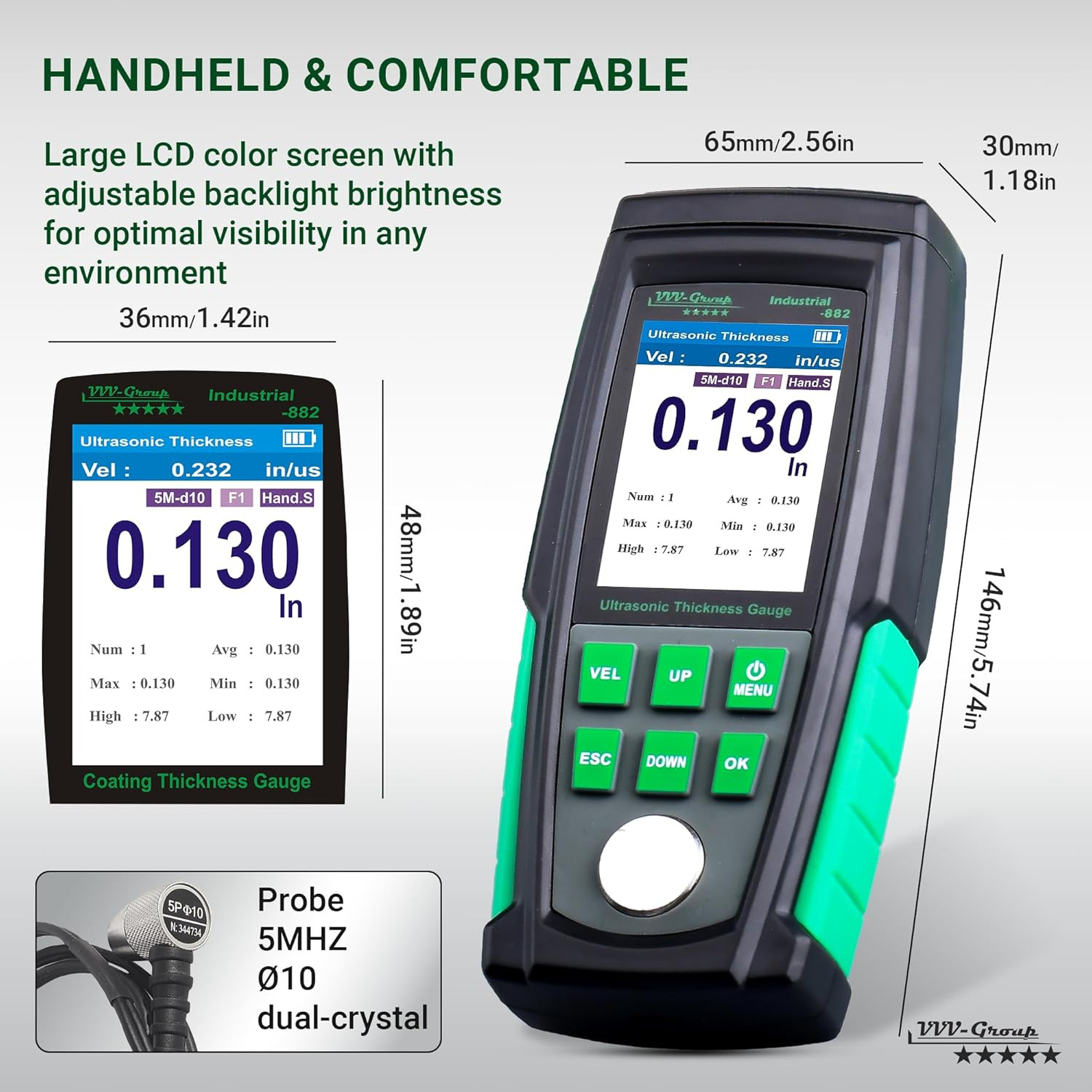 Ultrasonic Thickness Gauge Meter 0.039–8.85In For Metal Plastic Glass PVC
