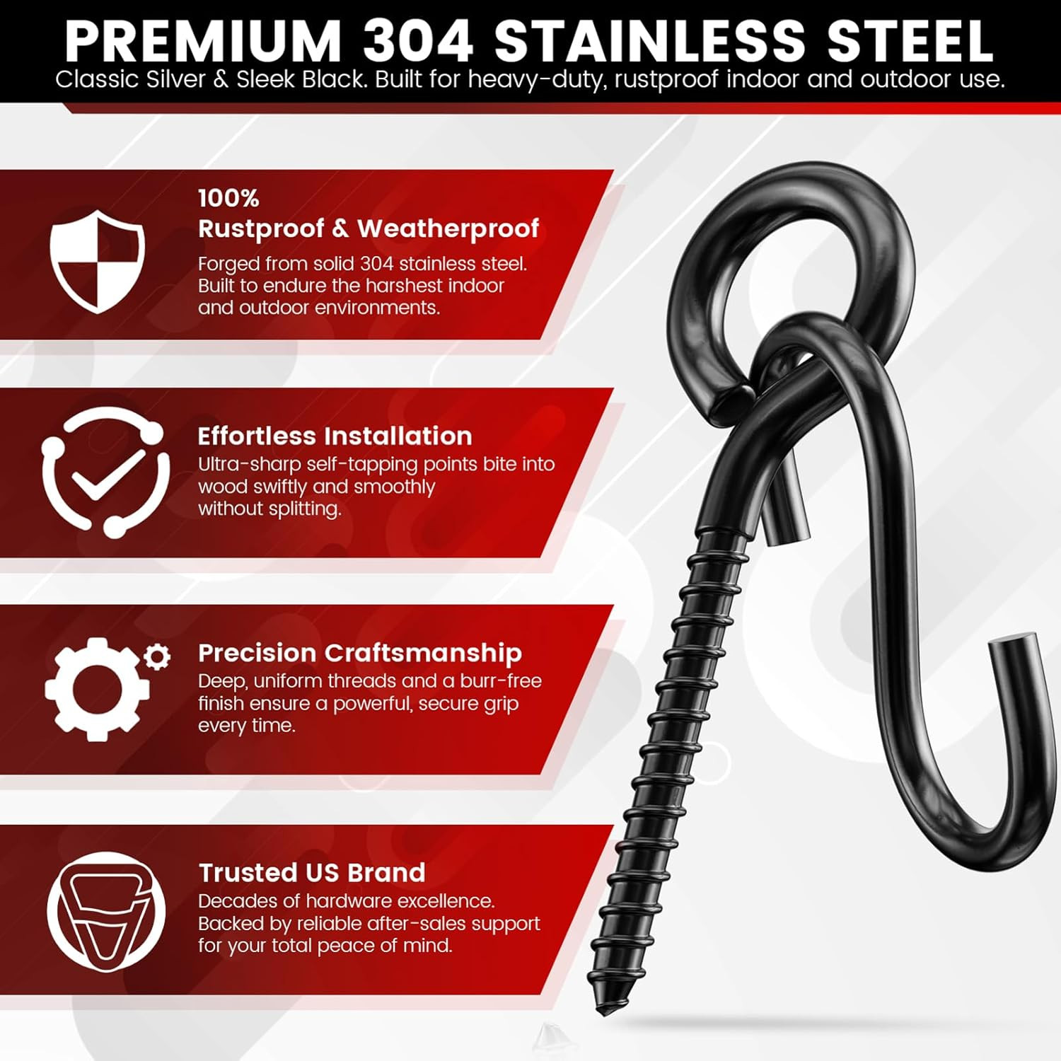 300LBS Heavy Duty 3.2 Inch 304 Stainless Steel Screw Eye Hooks with 5 S-Hooks, S