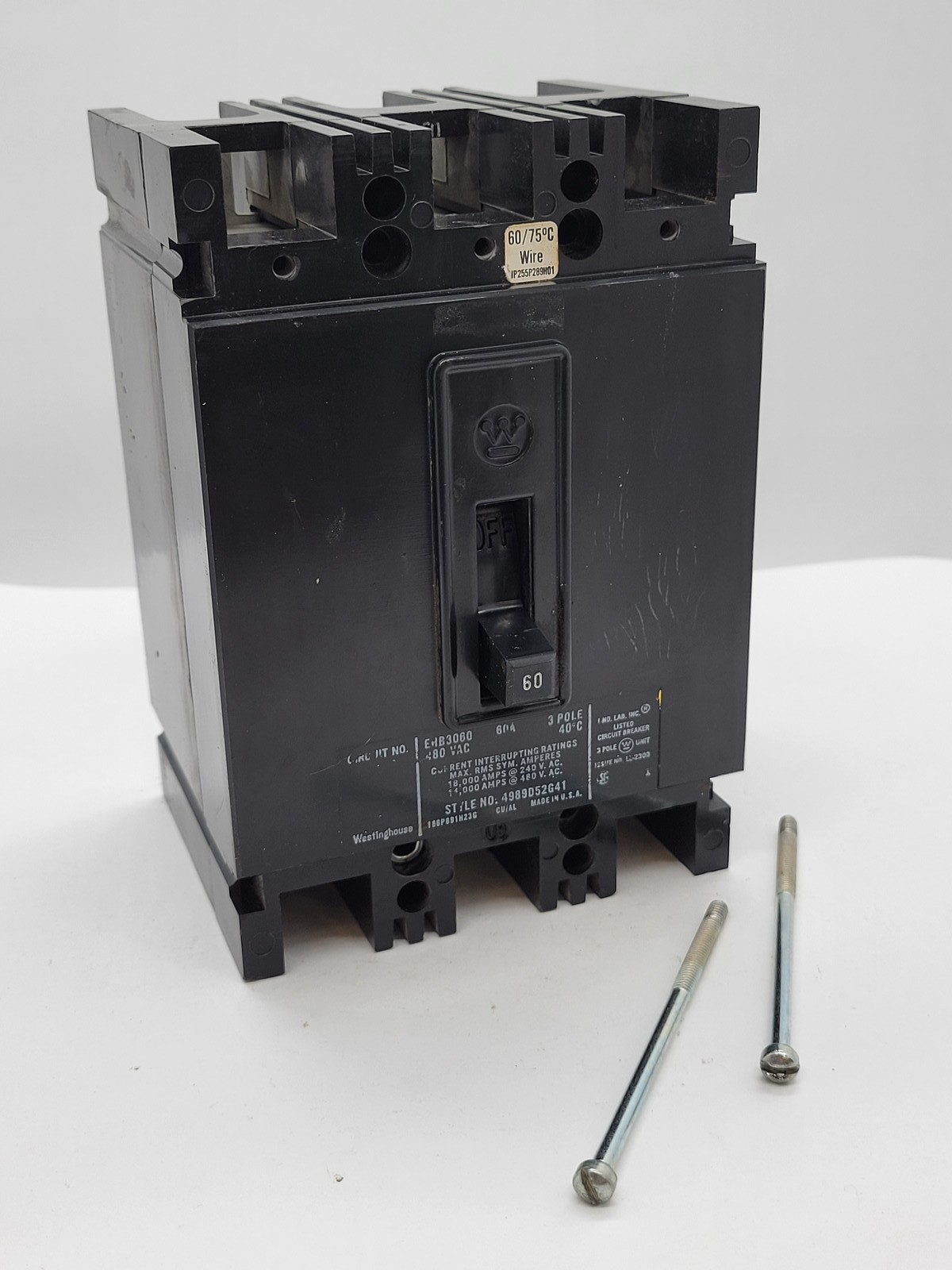 Westinghouse EHB3060 Bolt-On Circuit Breaker 60A 3P 3PH 480V 14KA EHB