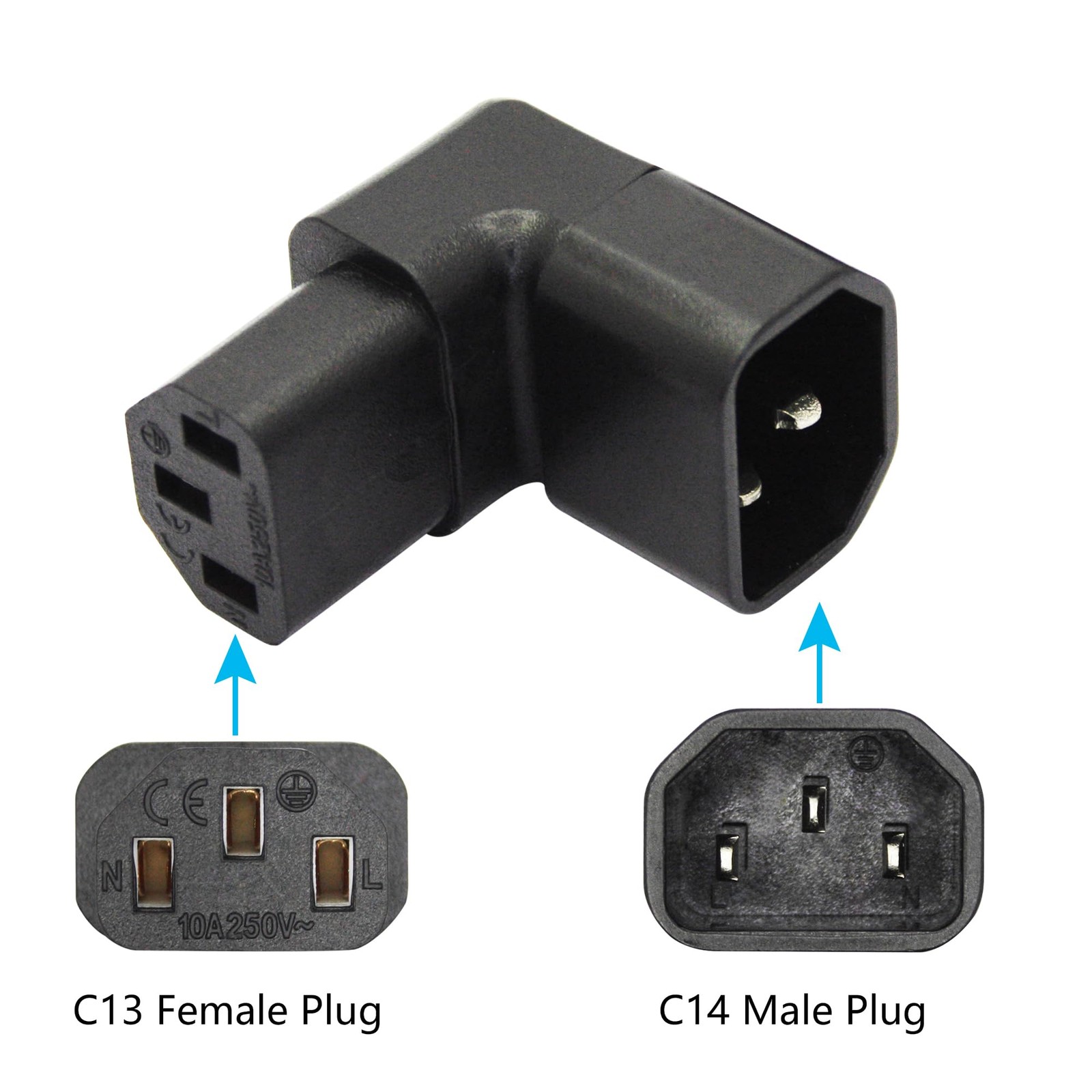 2 PCS 90 Degree IEC 320 C14 Male To C13 Female Up Down Angle Power Adapter