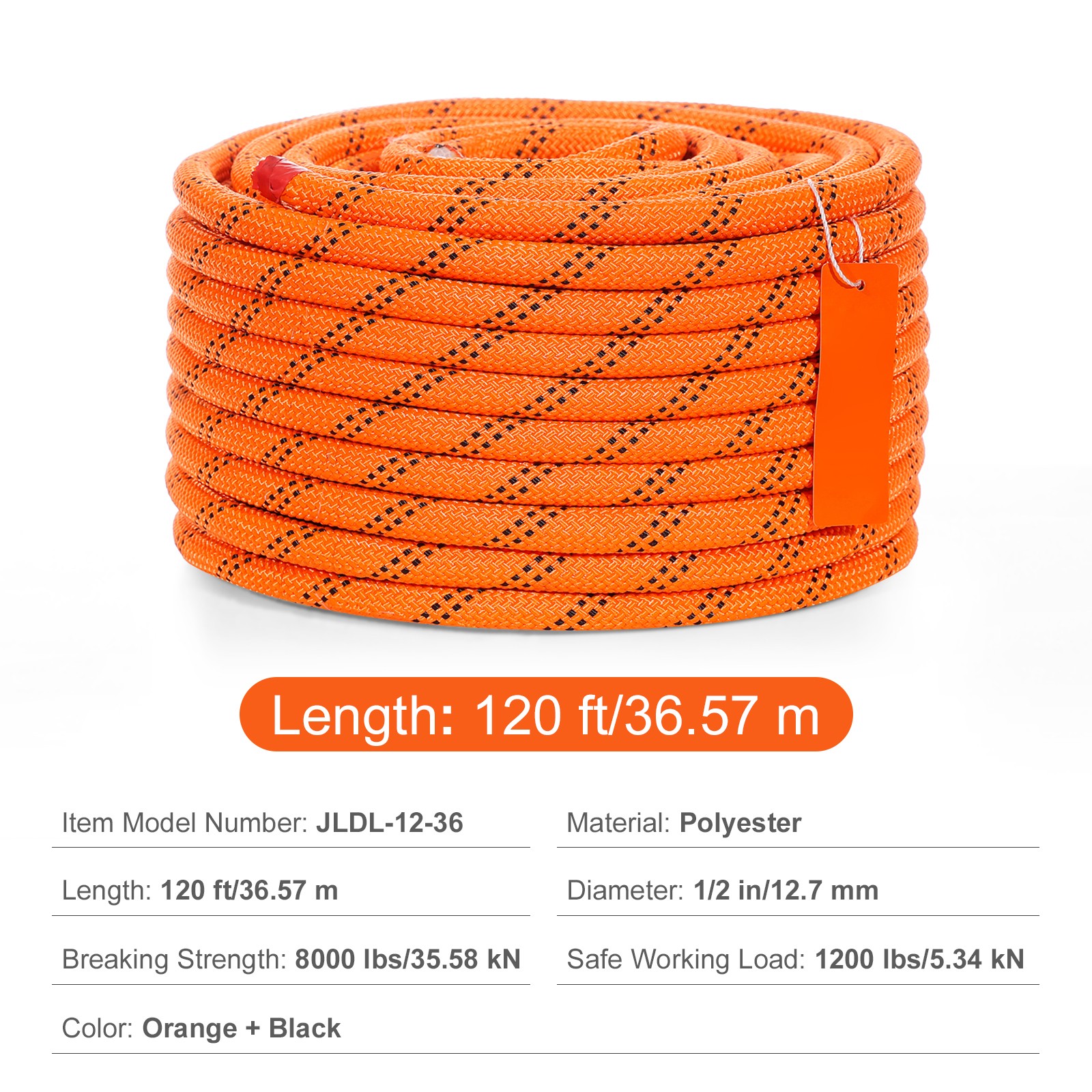 VEVOR Arborist Tree Climbing Rope Double Braid Polyester 1/2″ x 120′ 48-Strand