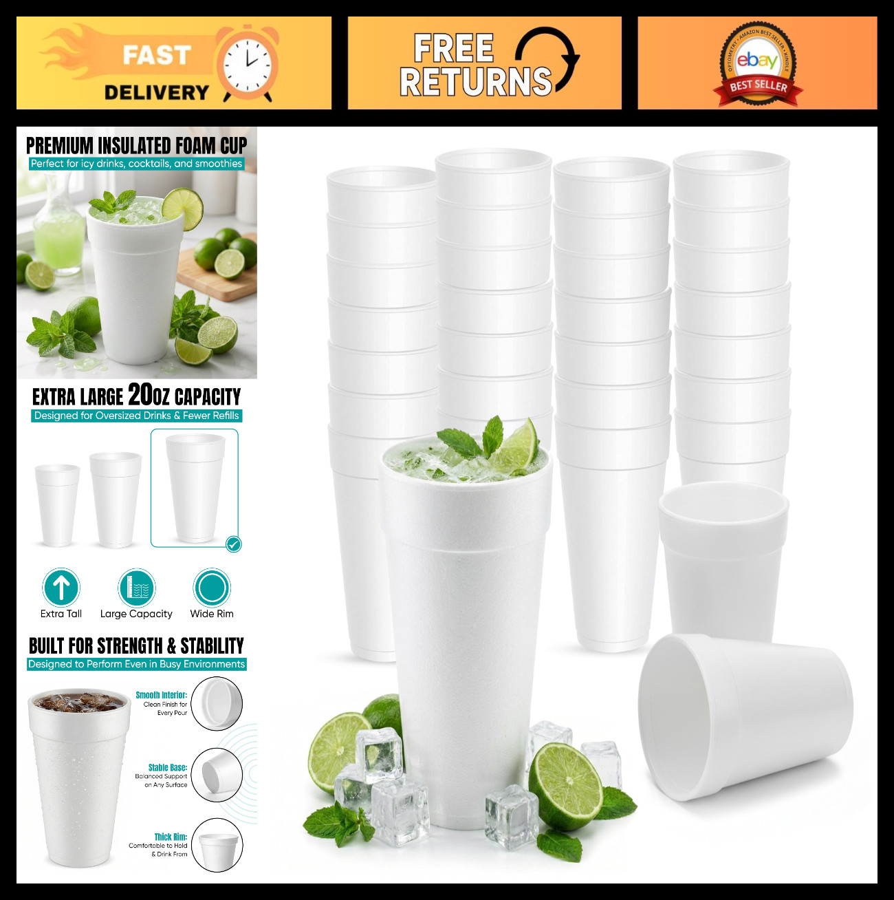 20 oz Insulated Foam Cups – 100 Pack, Durable Disposable Hot & Cold Beverage Cup