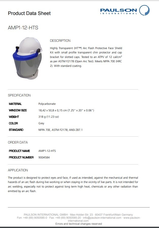 Paulson AMP1-12HTS AmpShield Arc Flash Protective Face Shield
