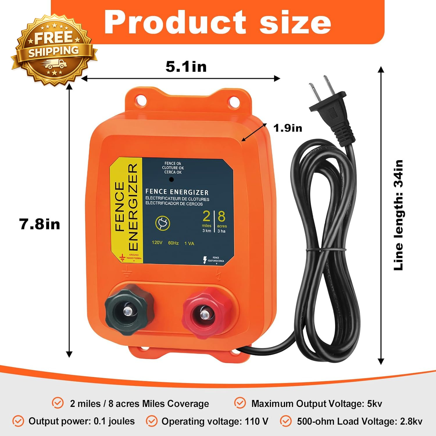 Electric Fence Charger PE2 0.10 Joule 2-Mile/ 8 Acres Plug in Electric Fence Cha