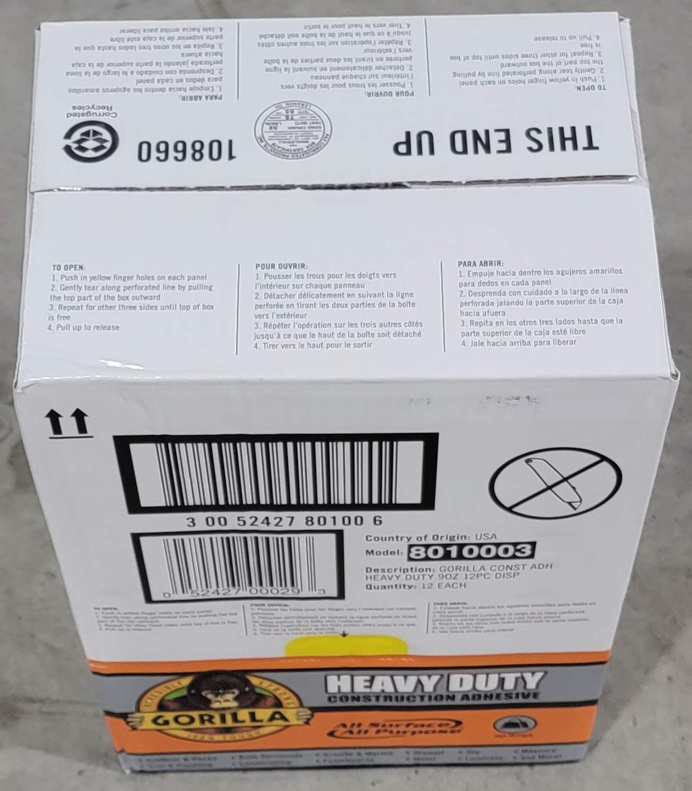 Gorilla Heavy Duty Construction Adhesive 12 Pack Case 9oz Tube Waterproof White