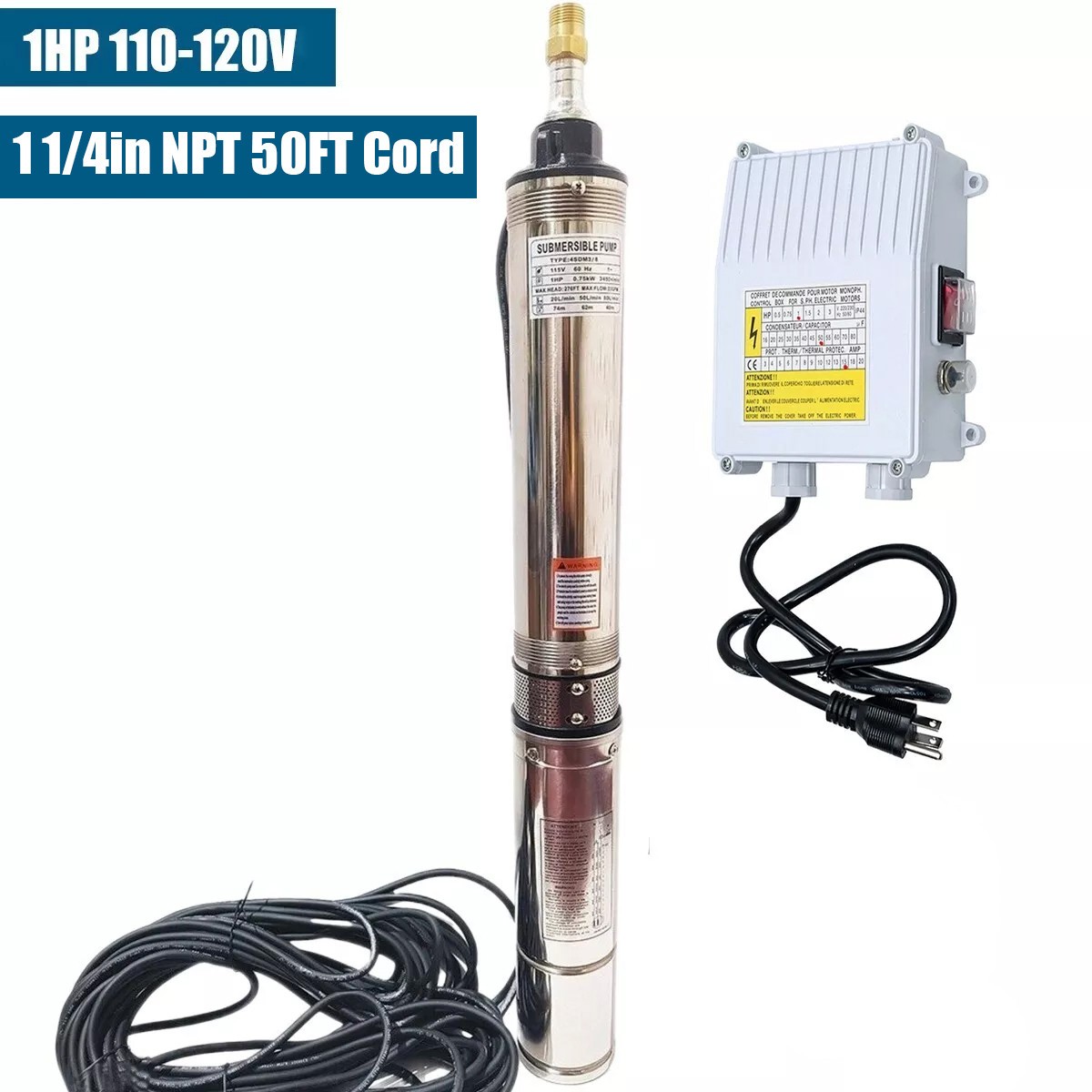 1HP Deep Well Submersible Pump 4» OD 110V 33GPM 300ft Stainless Steel 50′ Cord