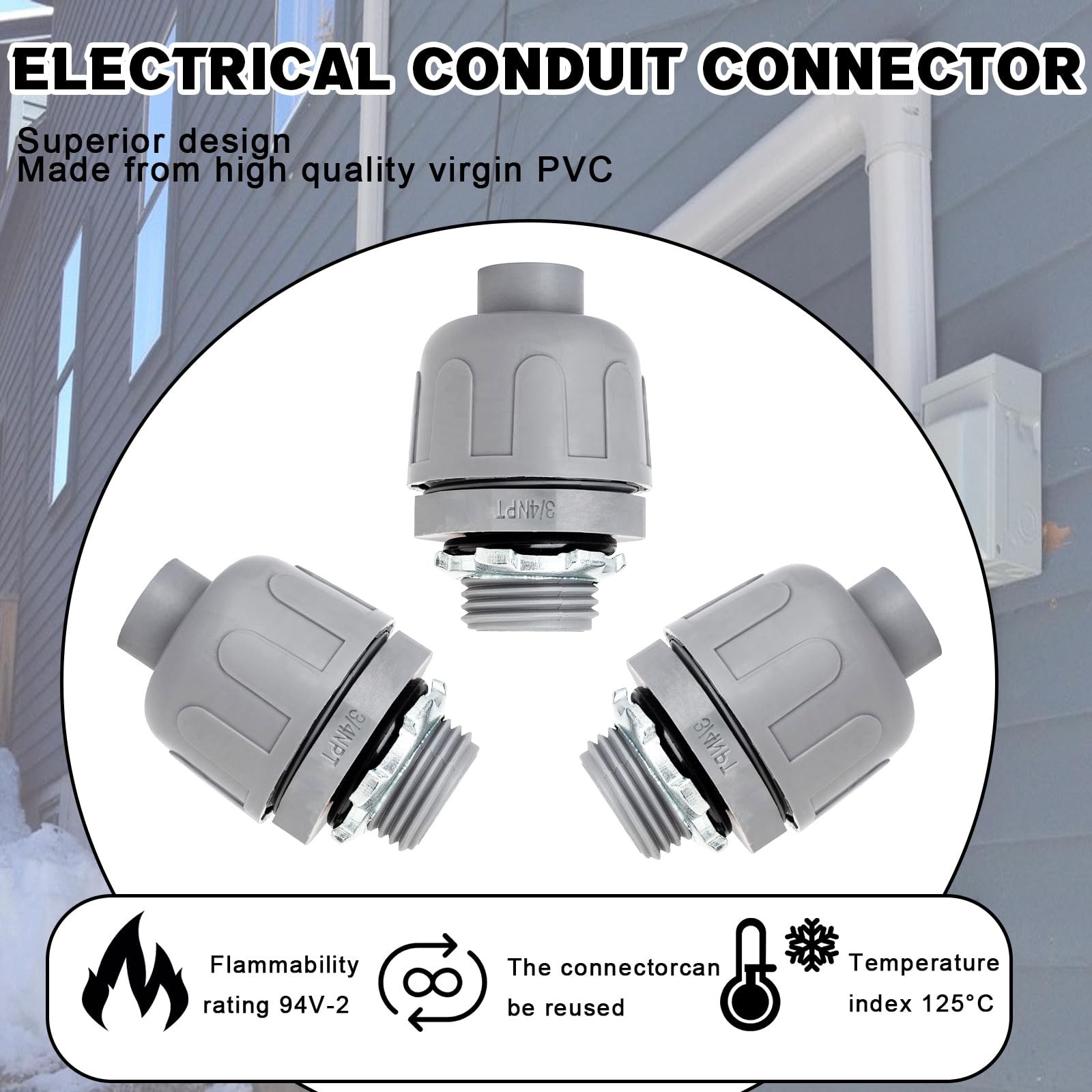 3/4″ Liquid Tight PVC Conduit Connectors, 180° Non-Metallic Fittings, 100 Pack