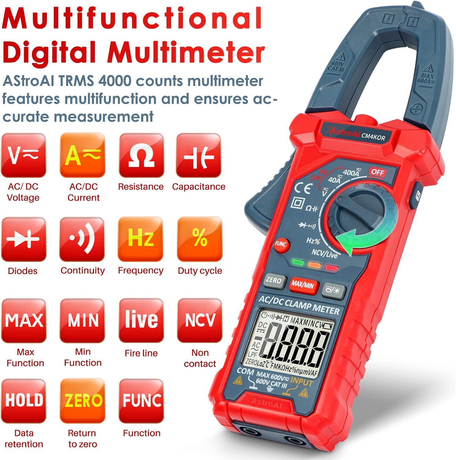 AstroAI Digital Clamp Meter Multimeter 4000 Counts Auto-ranging Amp Tester AC/DC