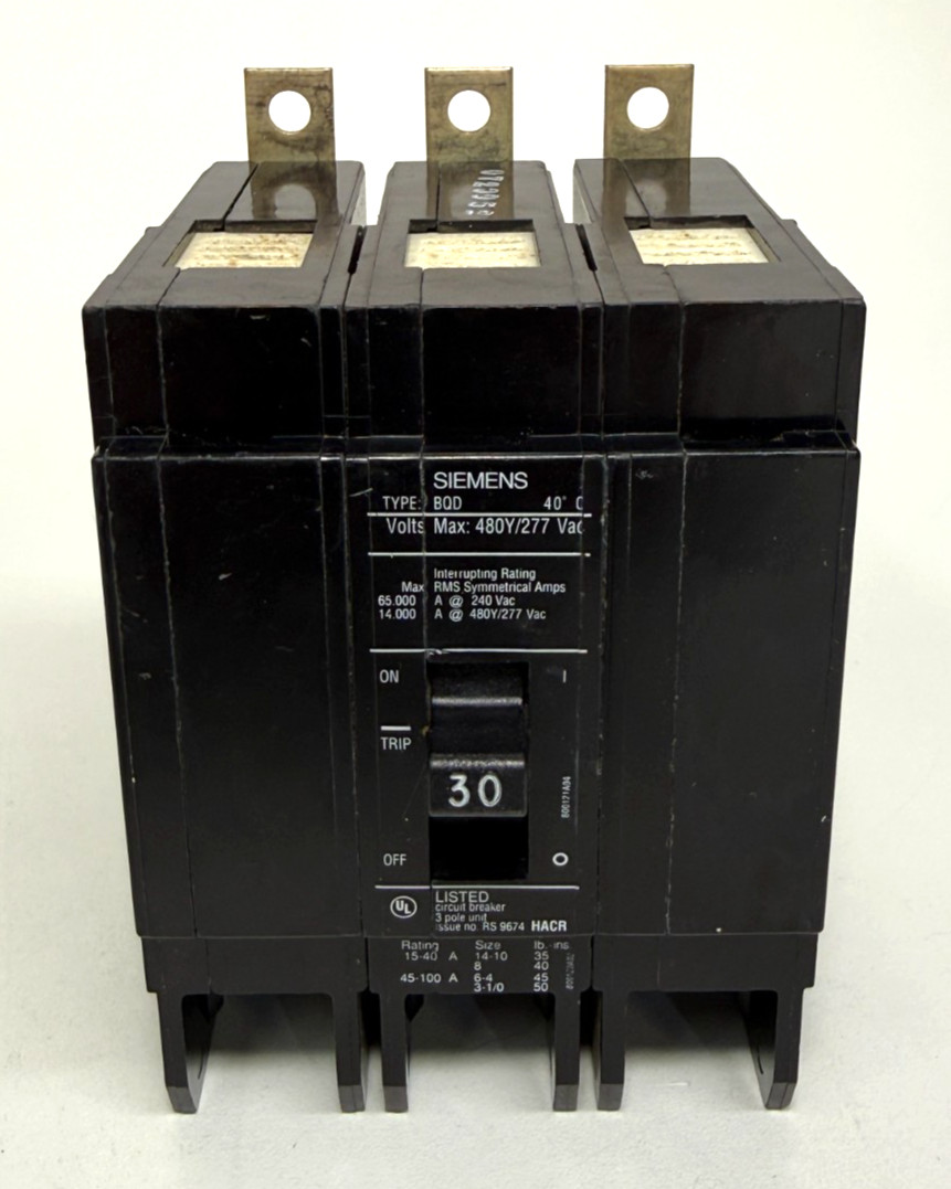 Siemens BQD330 30Amp 3Pole 277/480YVAC 14kA Bolt-On Circuit Breaker