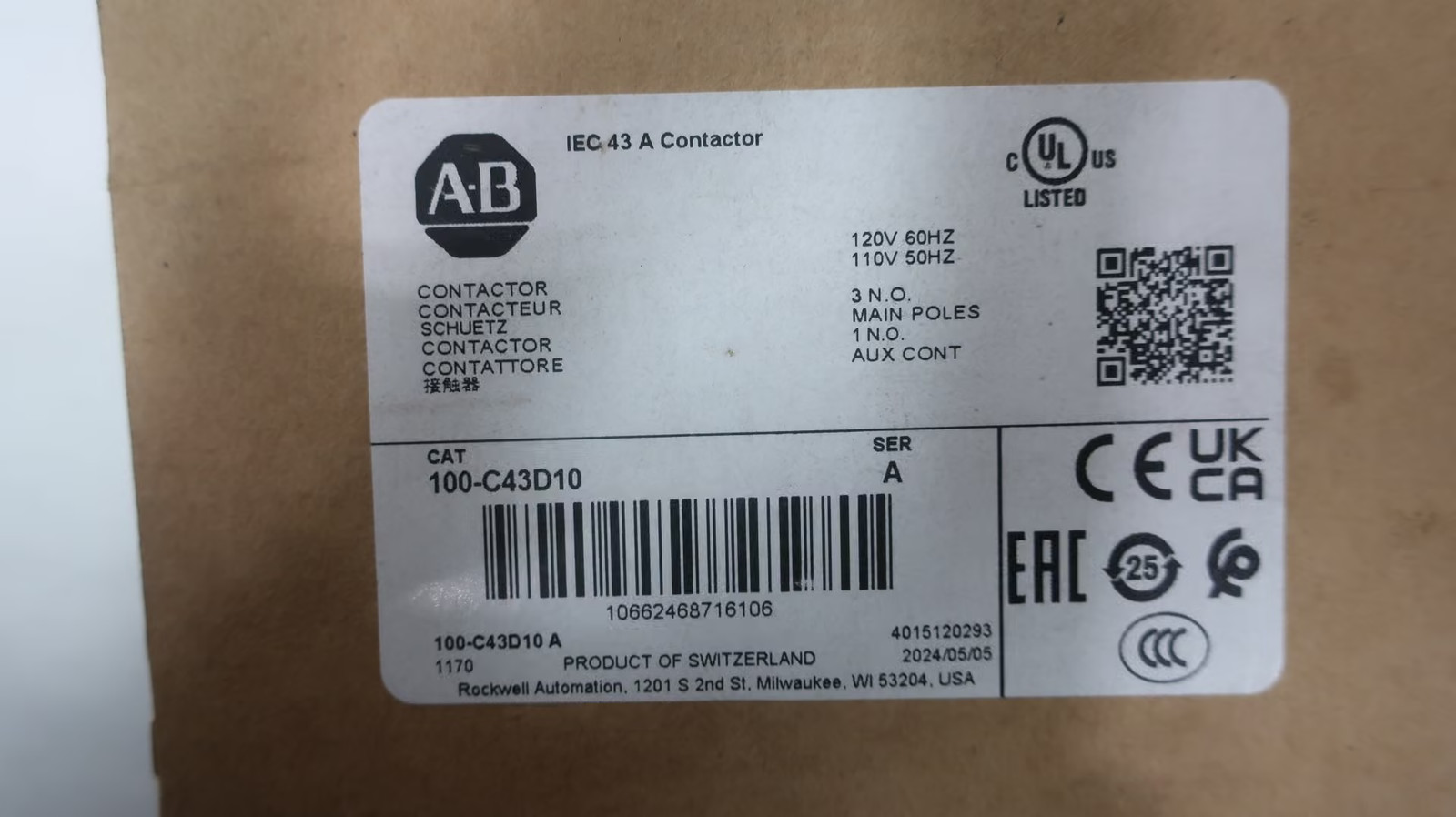 Allen Bradley 100-C43D10 Ac Contactor 30hp 75a Amp 120v-ac