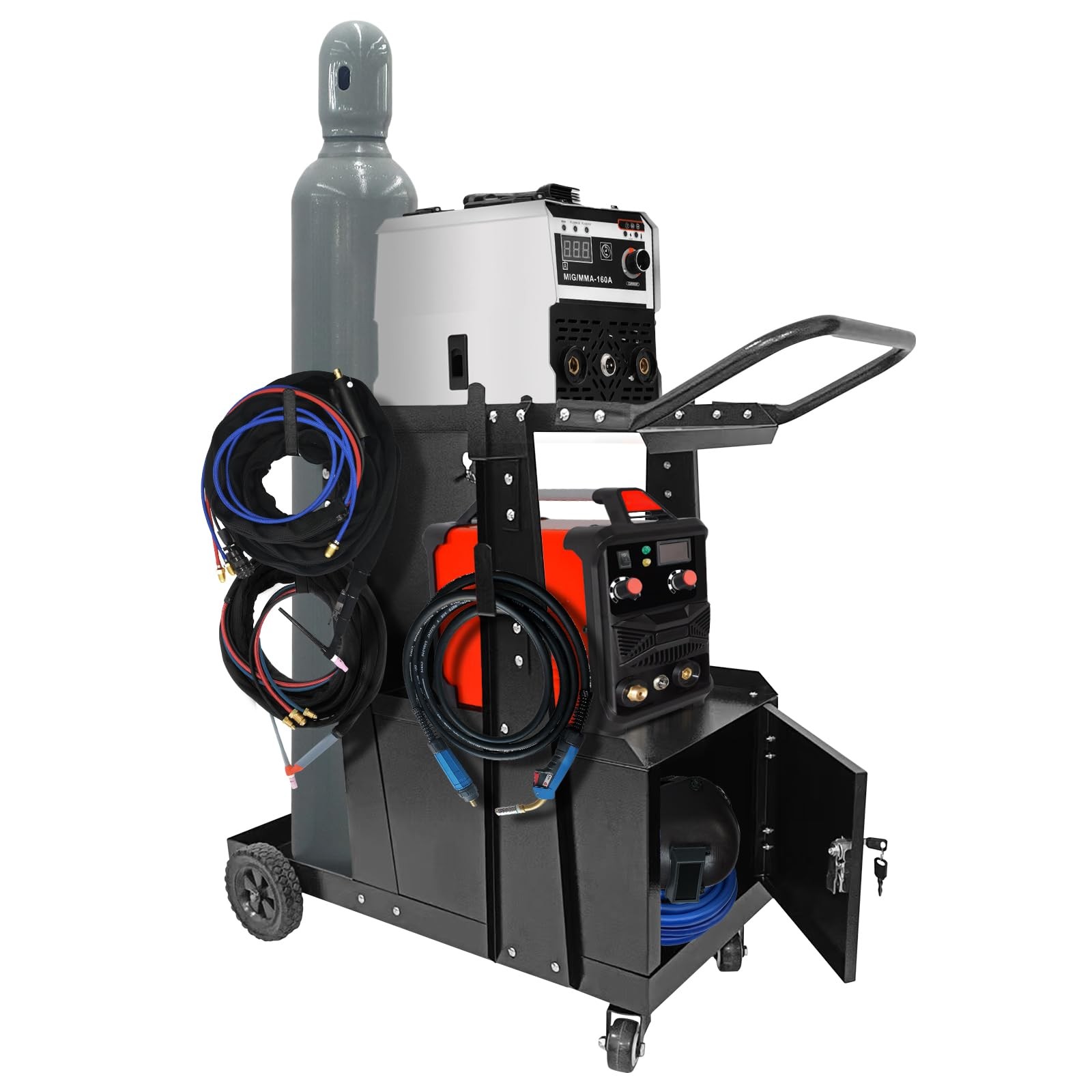 Heavy Duty Welding Cart with Lockable Cabinet, 360° Wheels for MIG/TIG/Plasma