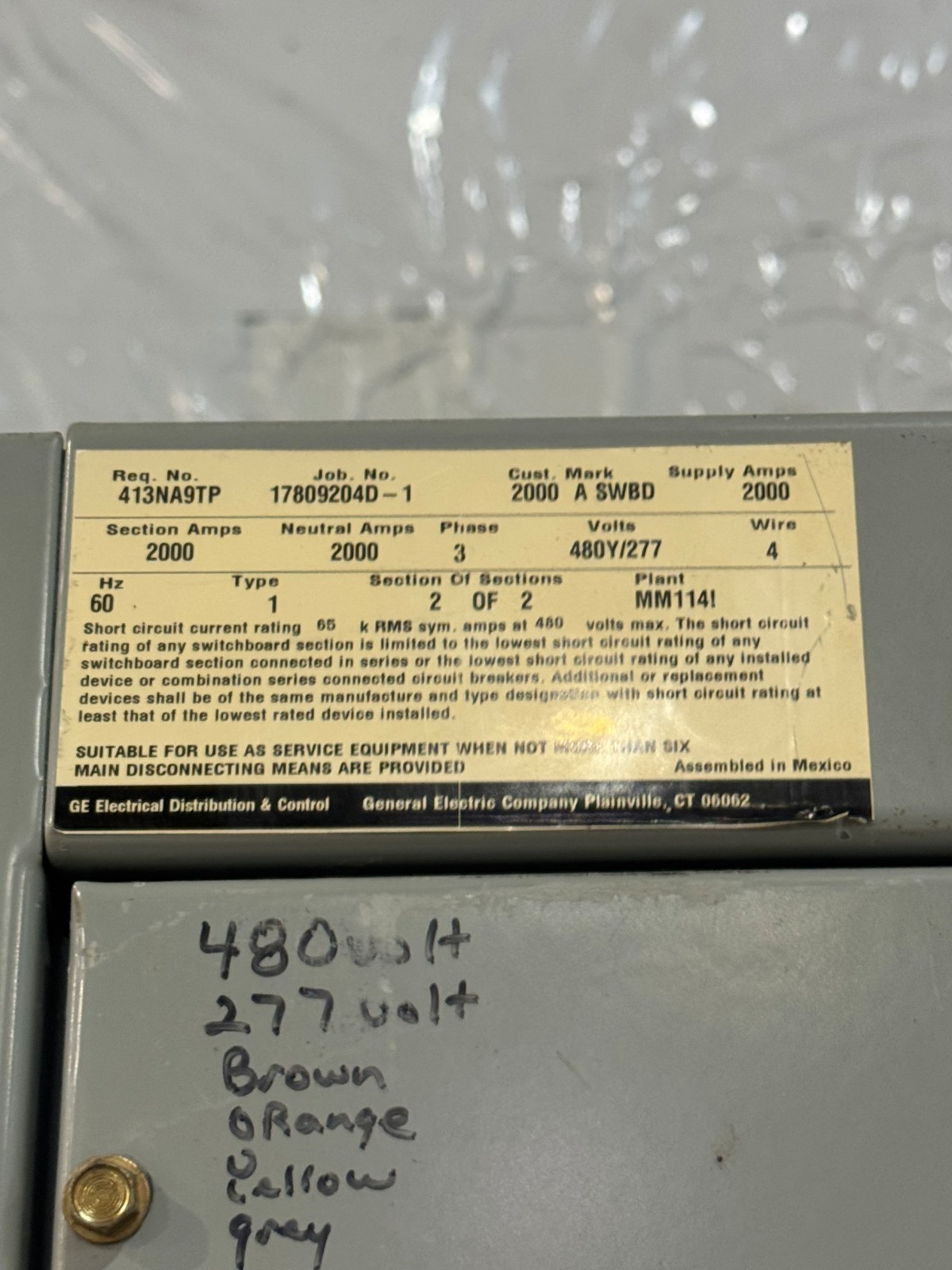 2000A GE MAIN BREAKER SWITCHGEAR 480/277v 2000A Plug SWITCHBOARD