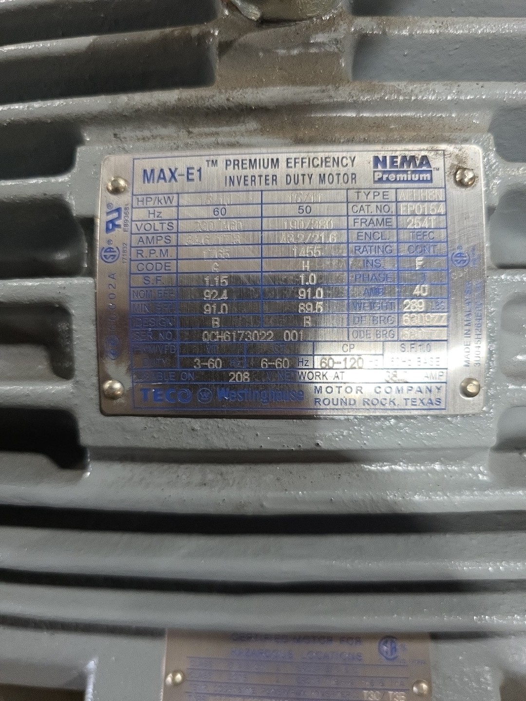 NEW TECO 15 HP FOR HAZ LOCATIONS / EP0154 230/460 VOLT 1765 RPM 254T FRAME