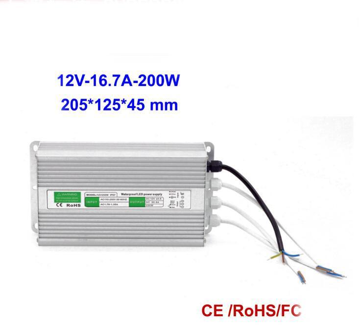 200W Led Driver Waterproof IP67 Power Supply DC 12V 16.7A for LED Strip Lights