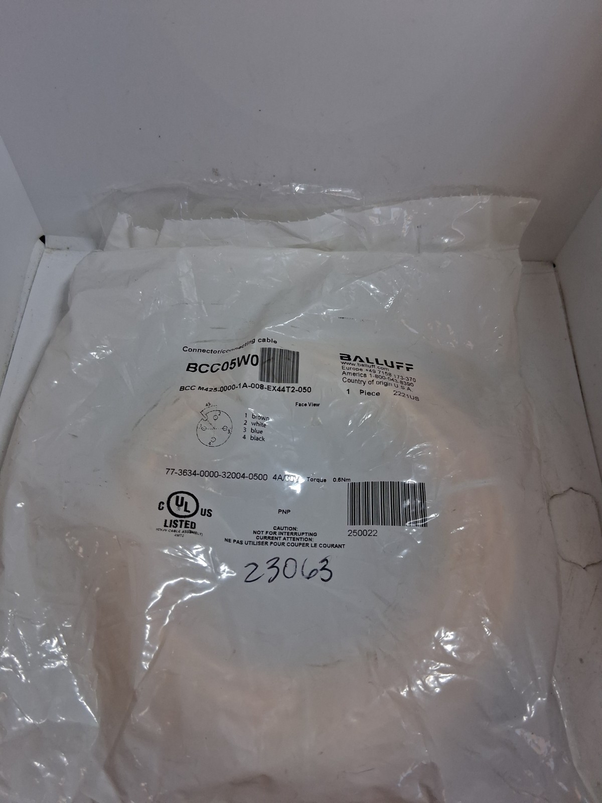 BALLUFF BCC M425-0000-1A-008-EX44T2-050 (BCC05W0) CORDSET 4A/30V NIB