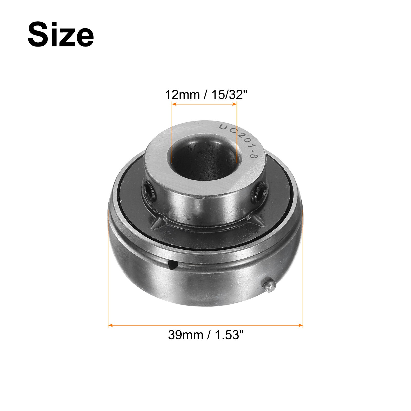 Ball Bearing Insert, Chrome Steel Gcr15 UC201-8 Bore 1/2″ Set Screws