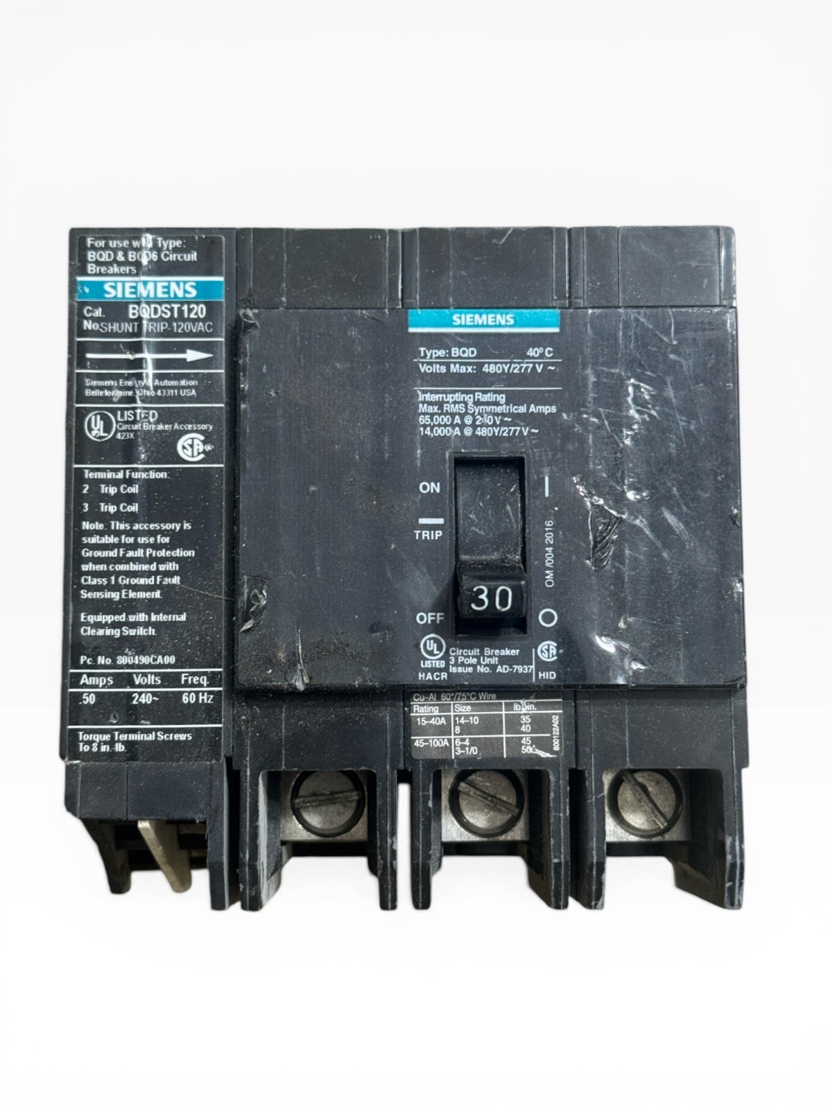 Siemens BQD330 3P 30A 480V Circuit Breaker w/ BQDST120 120V Shunt Trip *CHIPPED
