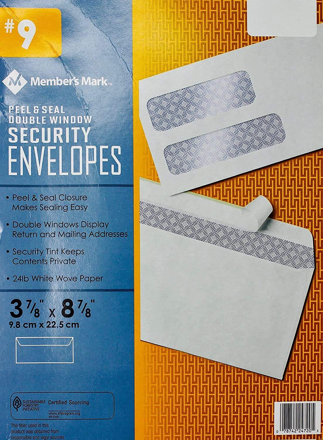 Member’s Mark #9 Peel & Seal Double Window Security Envelopes, 500 Count