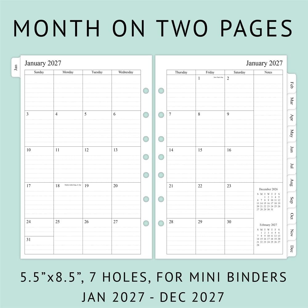 2027 Weekly & Monthly Planner Refill, 5-1/2″ x 8-1/2″, Jan 2027 to Dec 2027, …