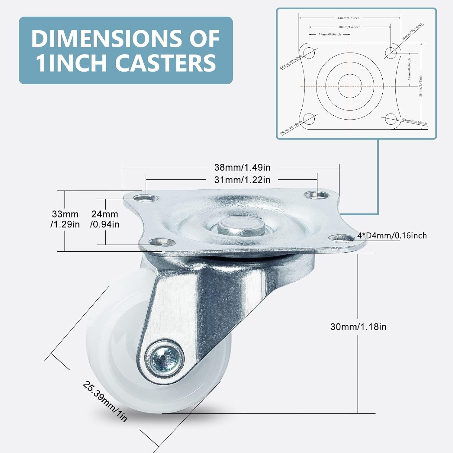 1-Inch Low Noise Swivel Caster Wheels Set of 4 – Perfect for Furniture Mobility