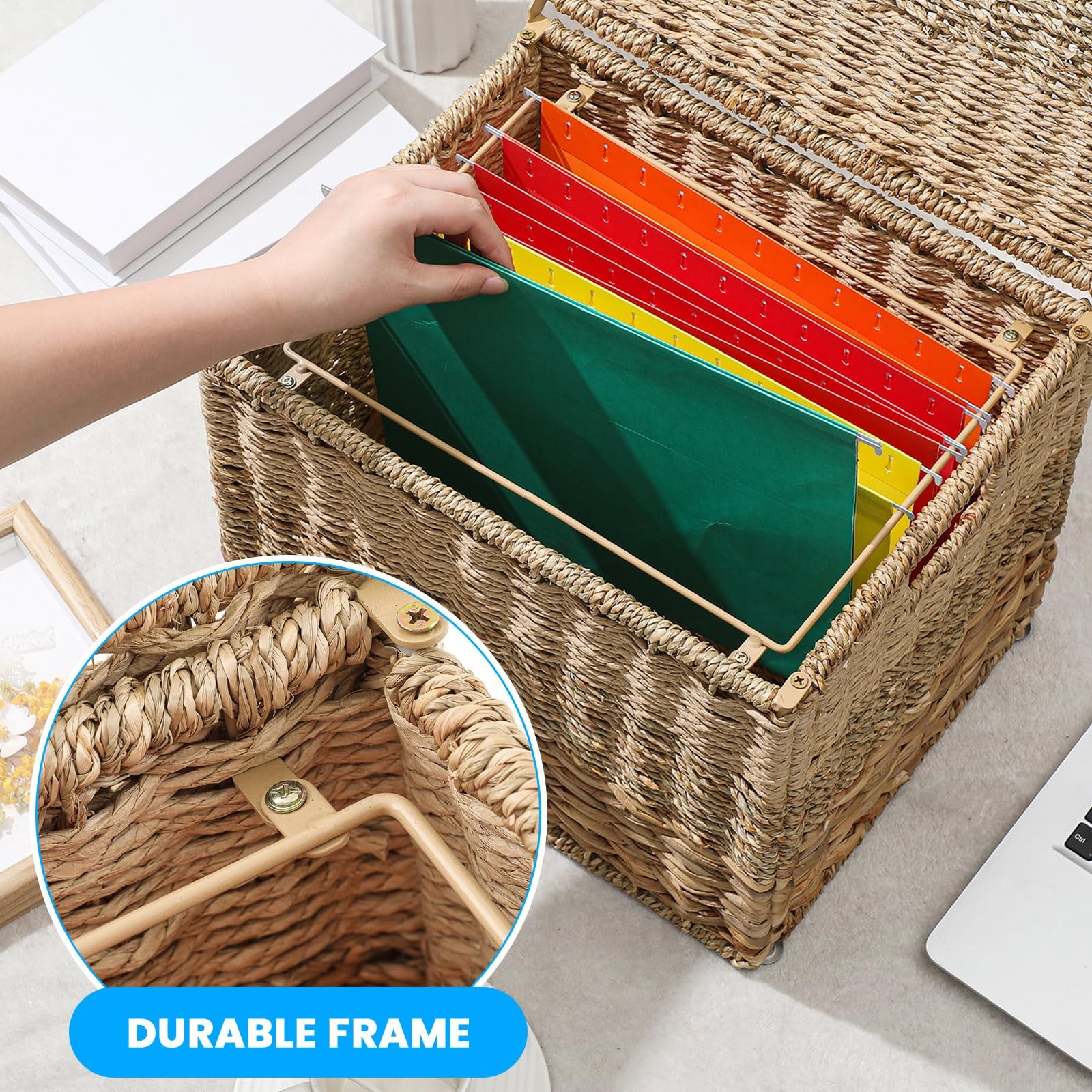 Decorative File Box 14 x 12 x 11 in Wicker Seagrass File Basket Organizer
