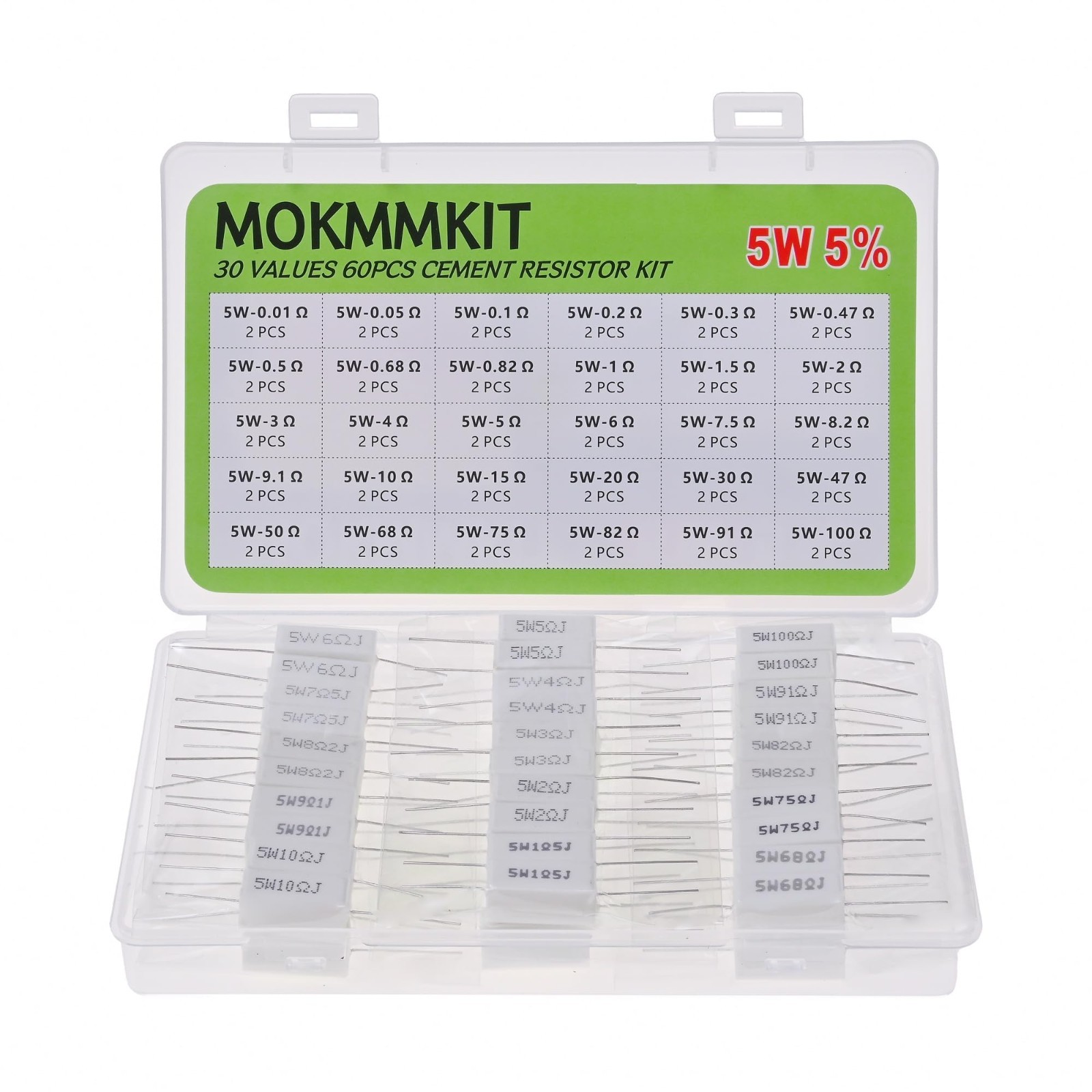 60-Piece Ceramic Cement Resistor Kit – 5W Power Resistors (0.01Ω – 100Ω) ±5%