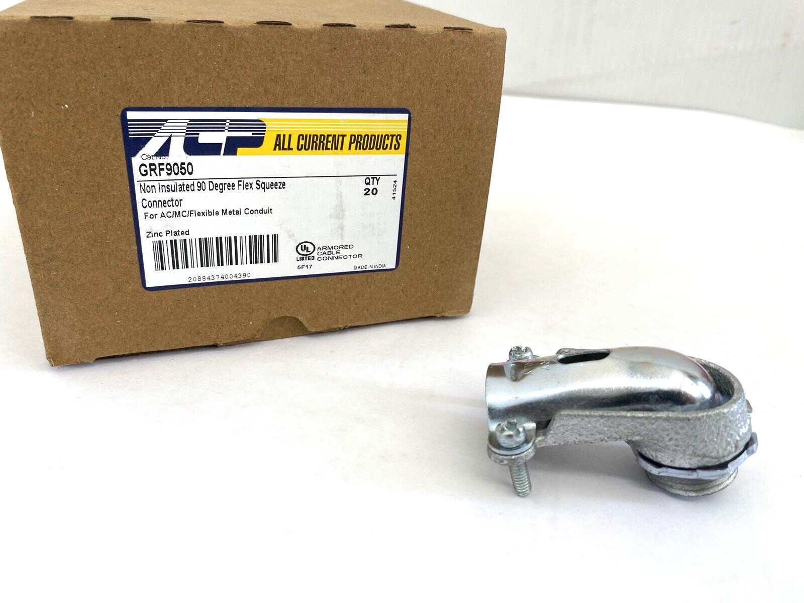BOX OF 20, 1/2″ 90 degree Squeeze Connector 49804, BX, MC, Flex, GRF9050