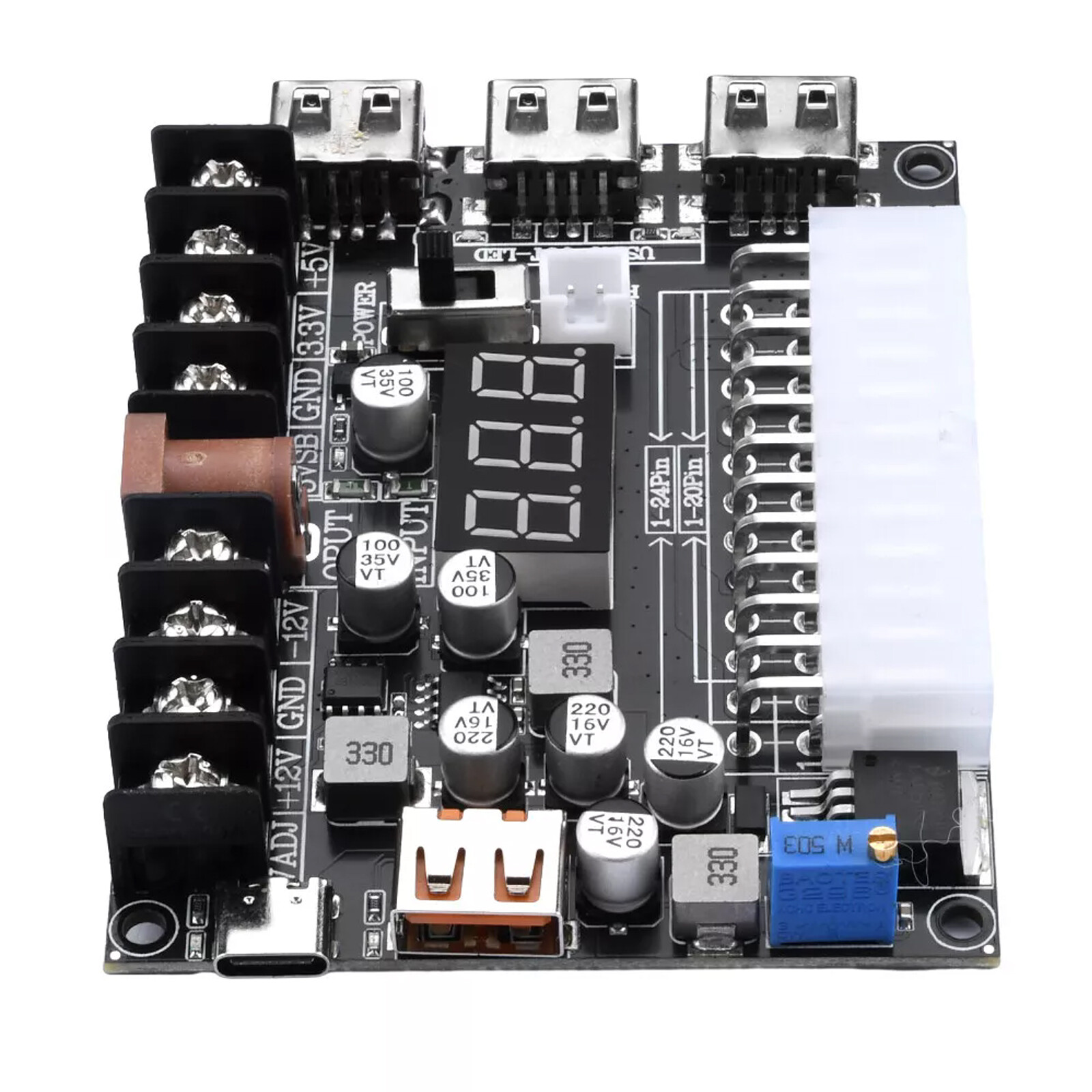 20/24Pin ATX Power Supply Breakout Board Adjustable Voltage Module / Case NEW