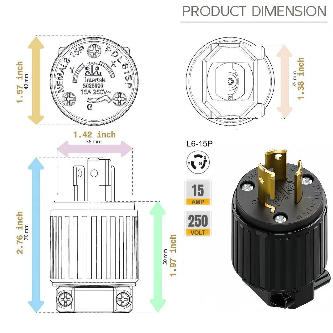 ETL Listed NEMA L6-15P Locking Plug 15Amp 250Volt Twist-Lock Male AC Connector